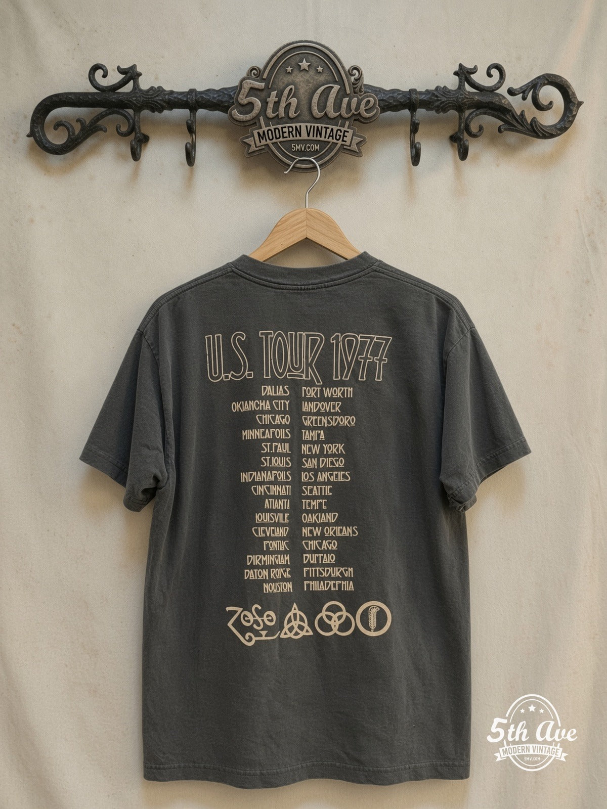 Led Zeppelin – 1977 Tour – Vintage Band T-Shirt — back on locked cream ornate 5th Ave rack