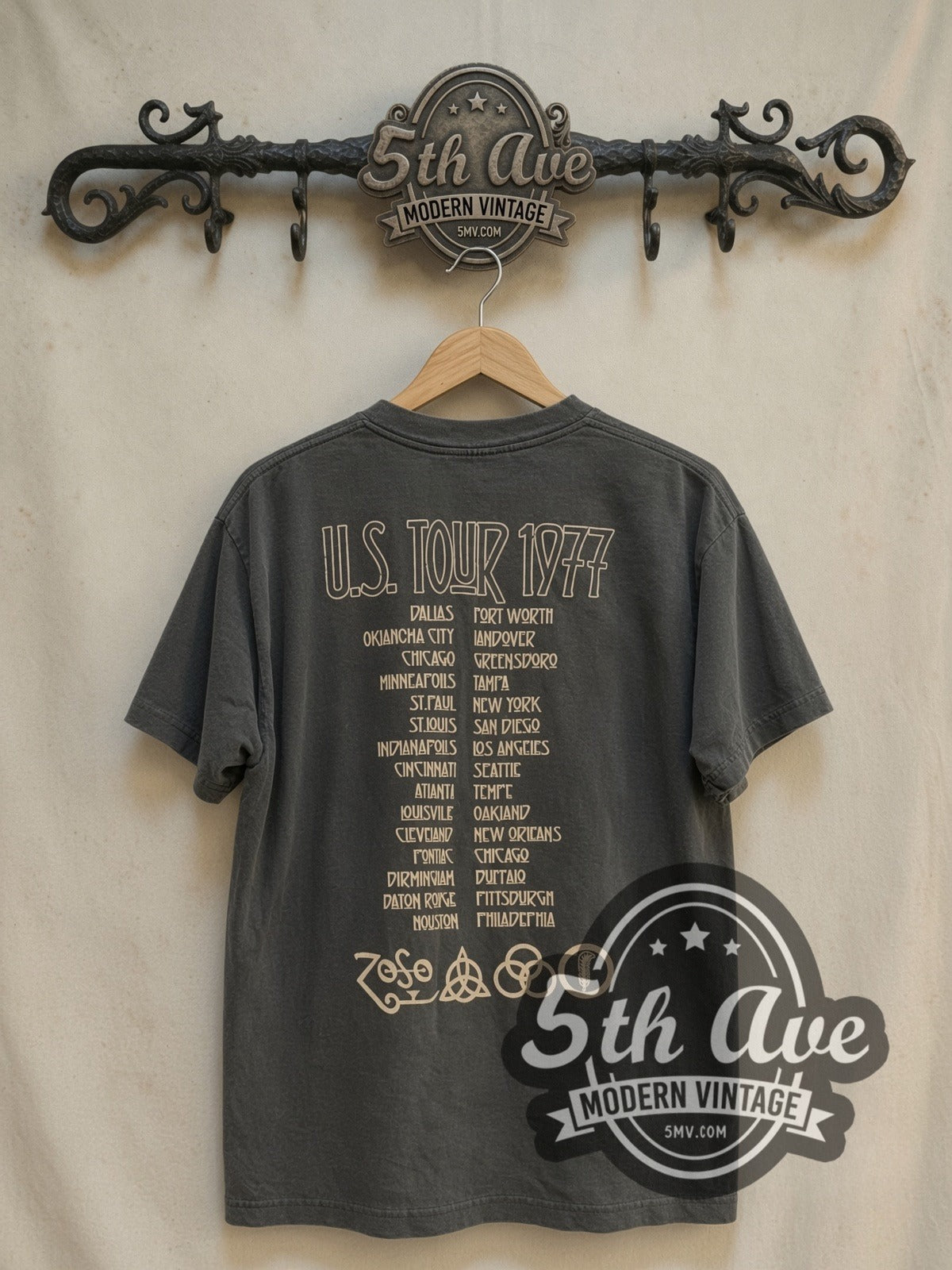 Led Zeppelin 1977 Tour vintage band t-shirt, back view on a display rack