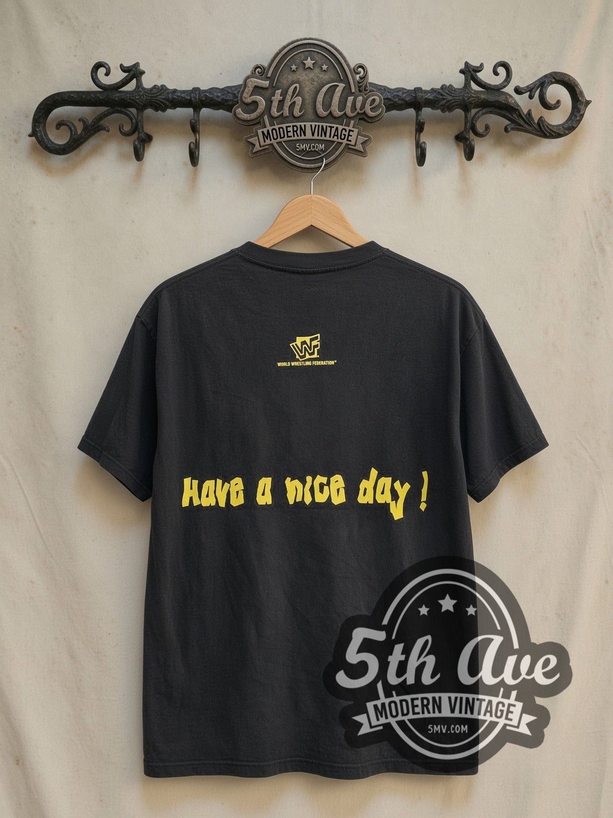 WWF Have a Nice Day vintage wrestling tee in black, back view on the 5MV rack