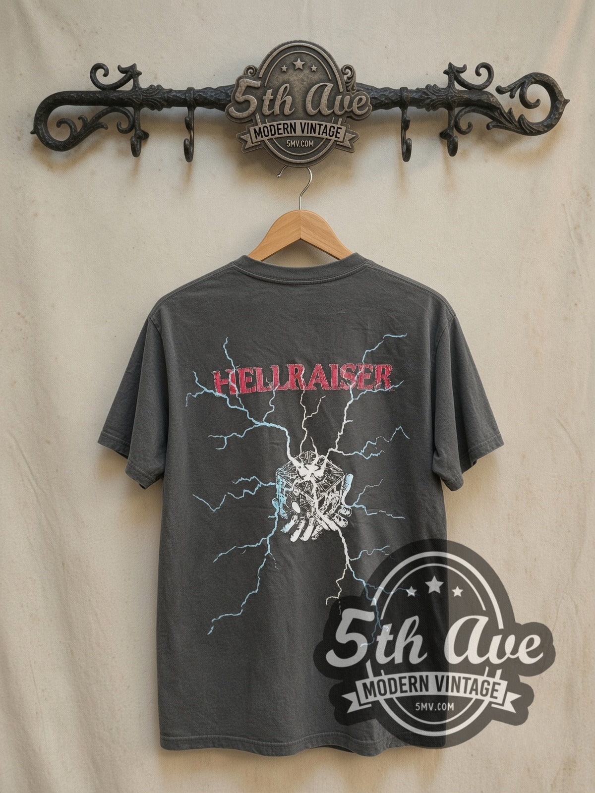 Hellraiser Pinhead the Hell Priest vintage movie t-shirt, back view on a display rack