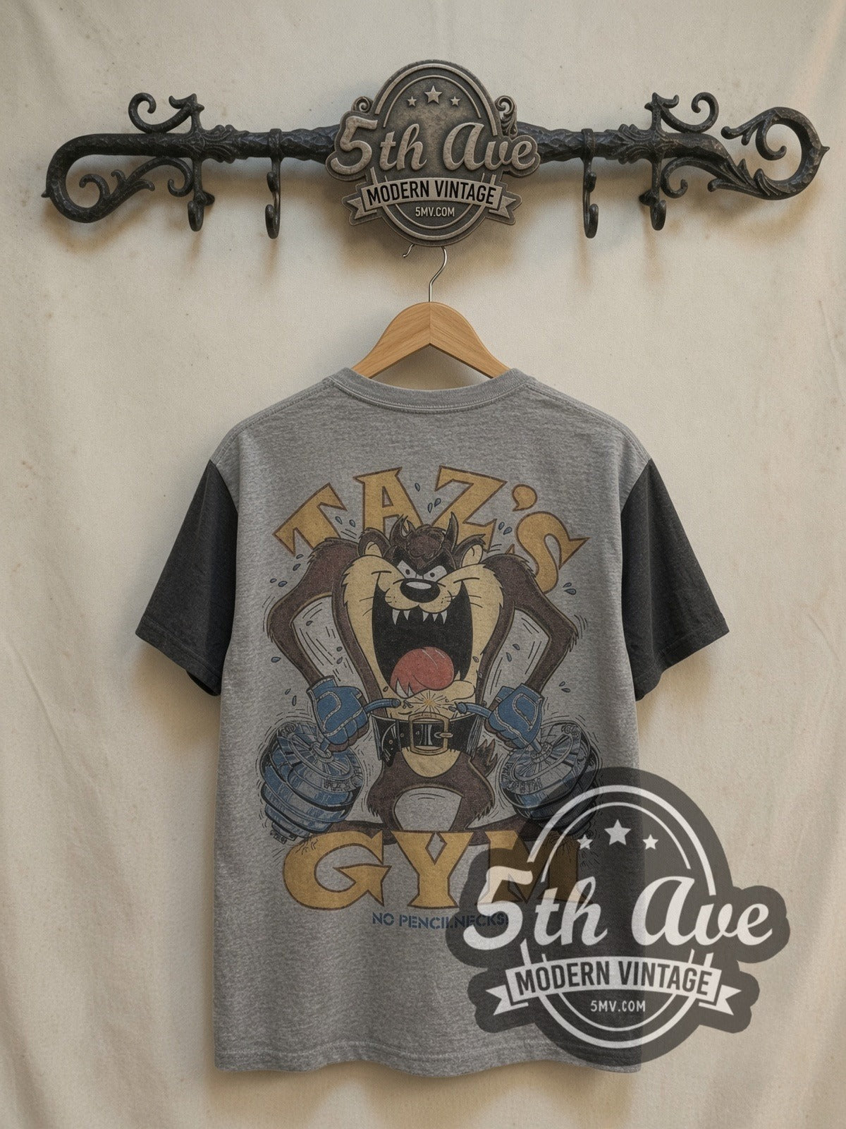 Taz's Gym No Pencilnecks White vintage cartoon tee in white, back view on a display rack