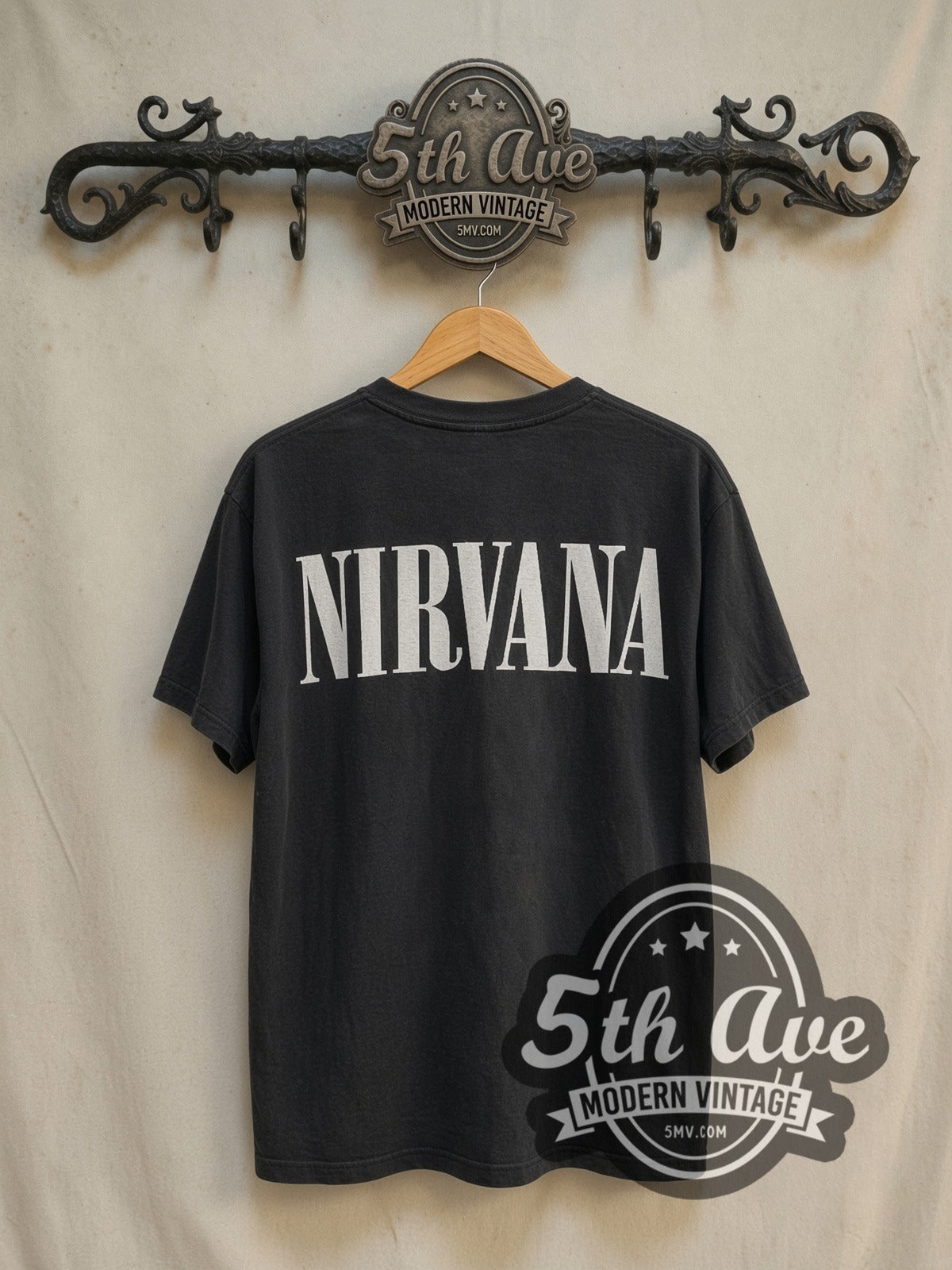 Nirvana Kurt Cobain 1967-1994 vintage band t-shirt in black, back view on the 5MV rack