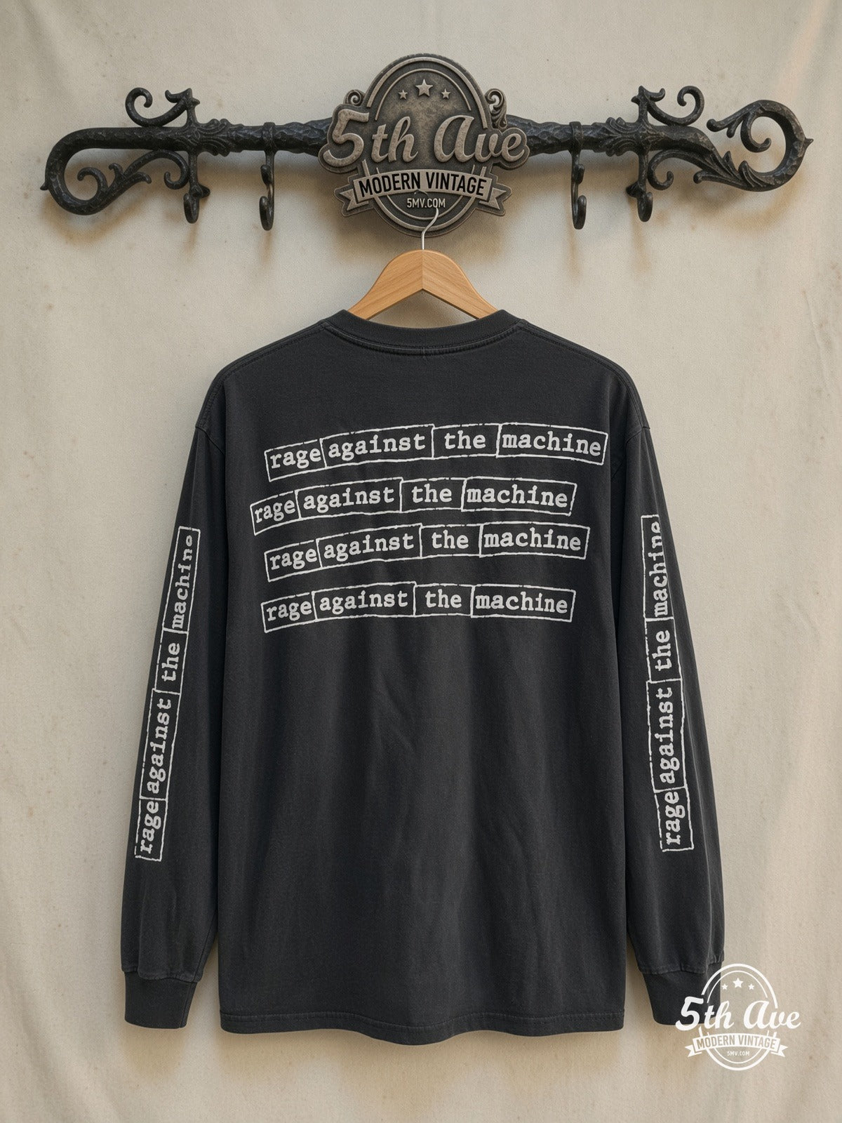 Rage Against the Machine – x FUCT Ford Oval – Vintage Band T-Shirt — back on locked cream ornate 5th Ave rack