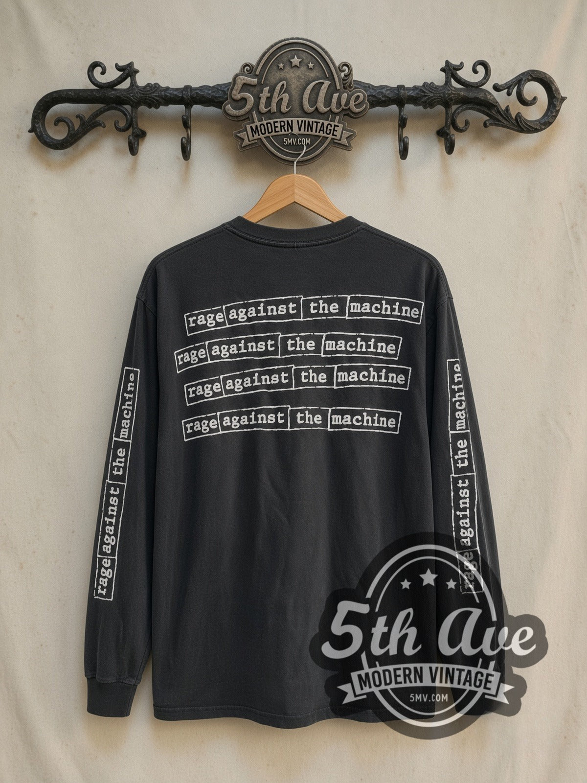 Rage Against the Machine x FUCT Ford Oval vintage band long sleeve t-shirt, back view on a display rack