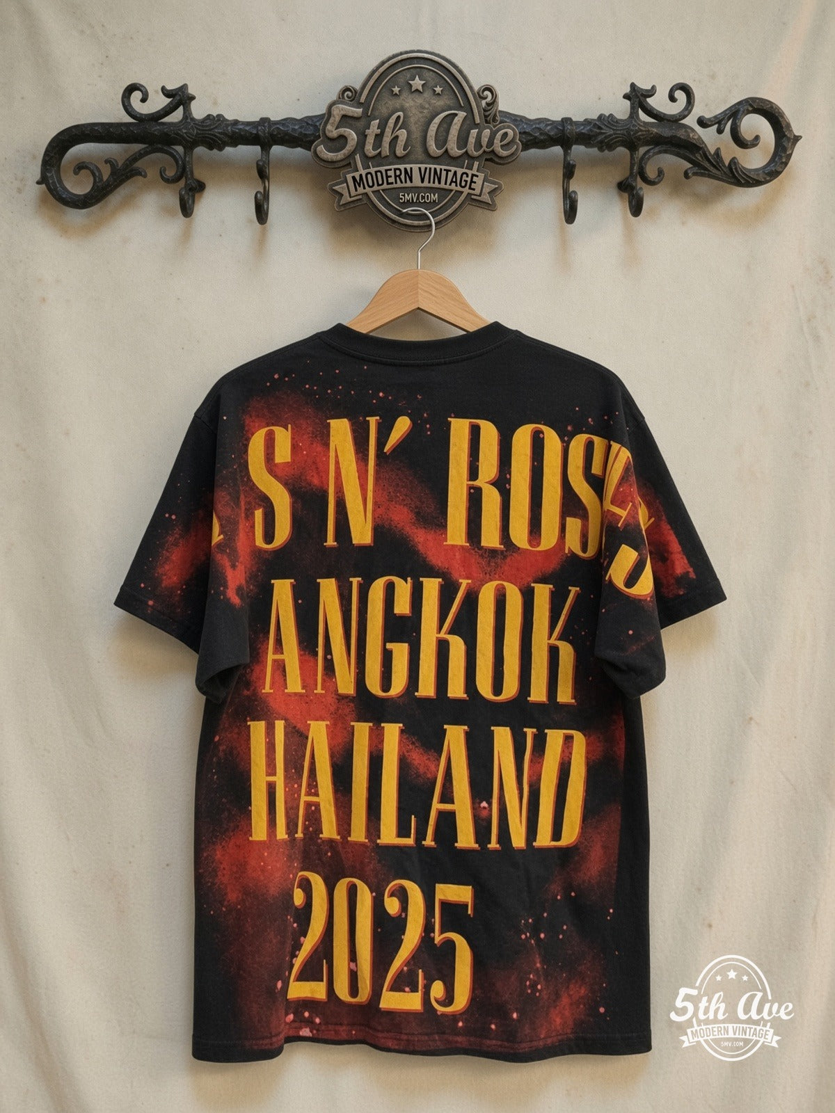 Guns N' Roses – Bangkok World Tour 2025 – All Over Print – Vintage Band T-Shirt — back on locked cream ornate 5th Ave rack