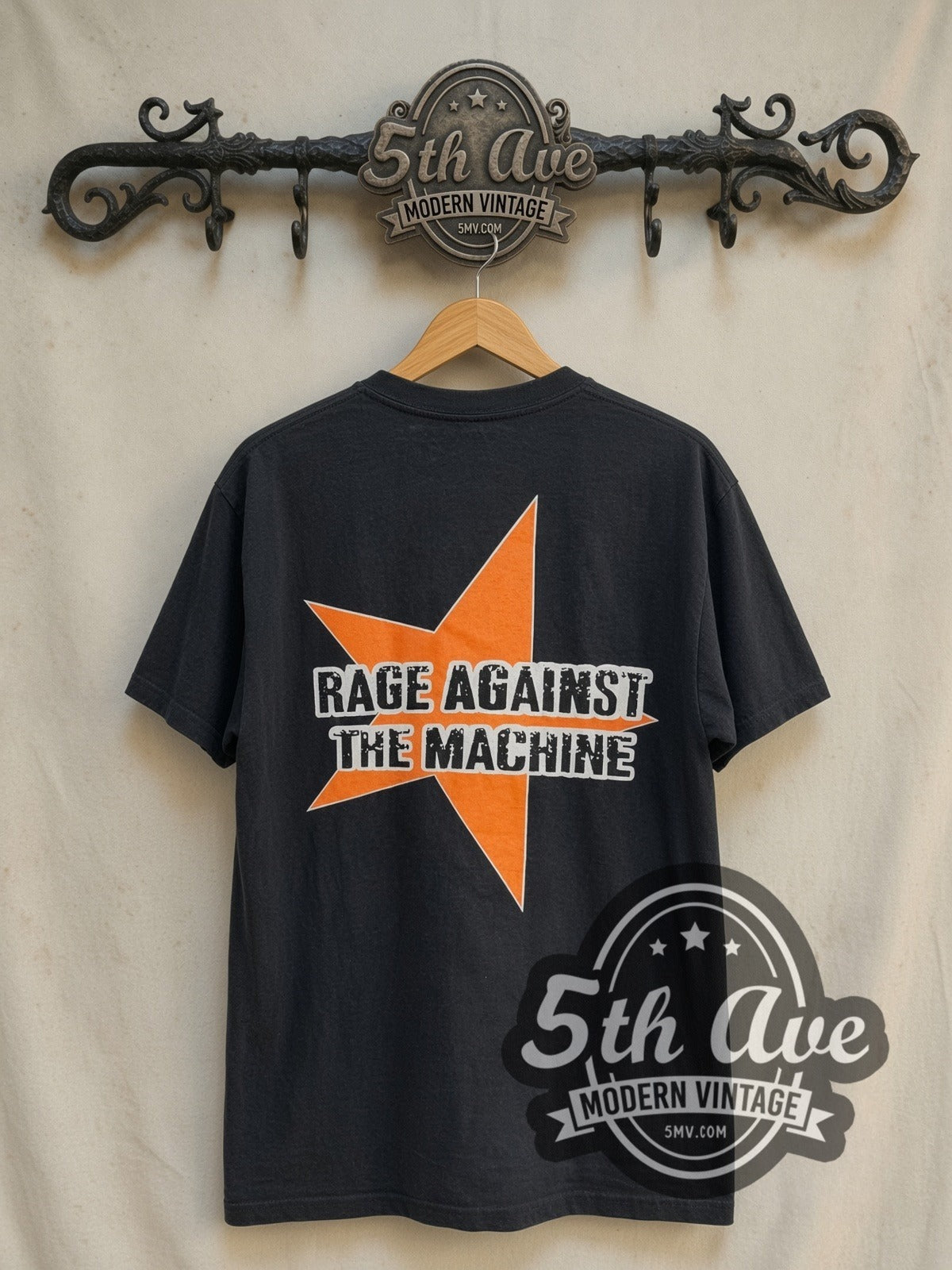 Rage Against the Machine Evil Empire Boy Orange Star Back vintage band t-shirt in black, back view on the 5MV rack