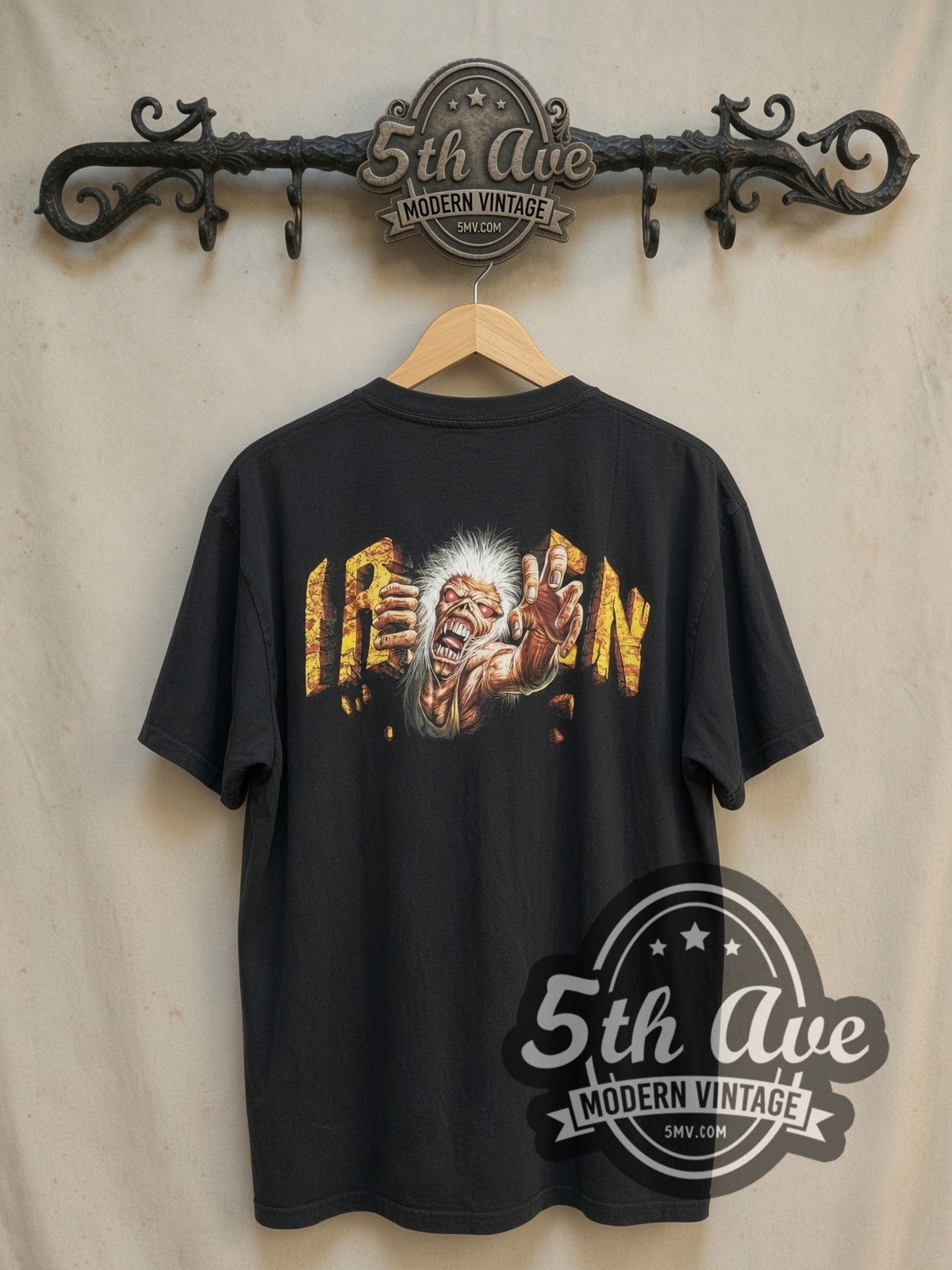 Iron Maiden Killers Album Art City Skyline vintage band t-shirt, back view on the 5MV rack