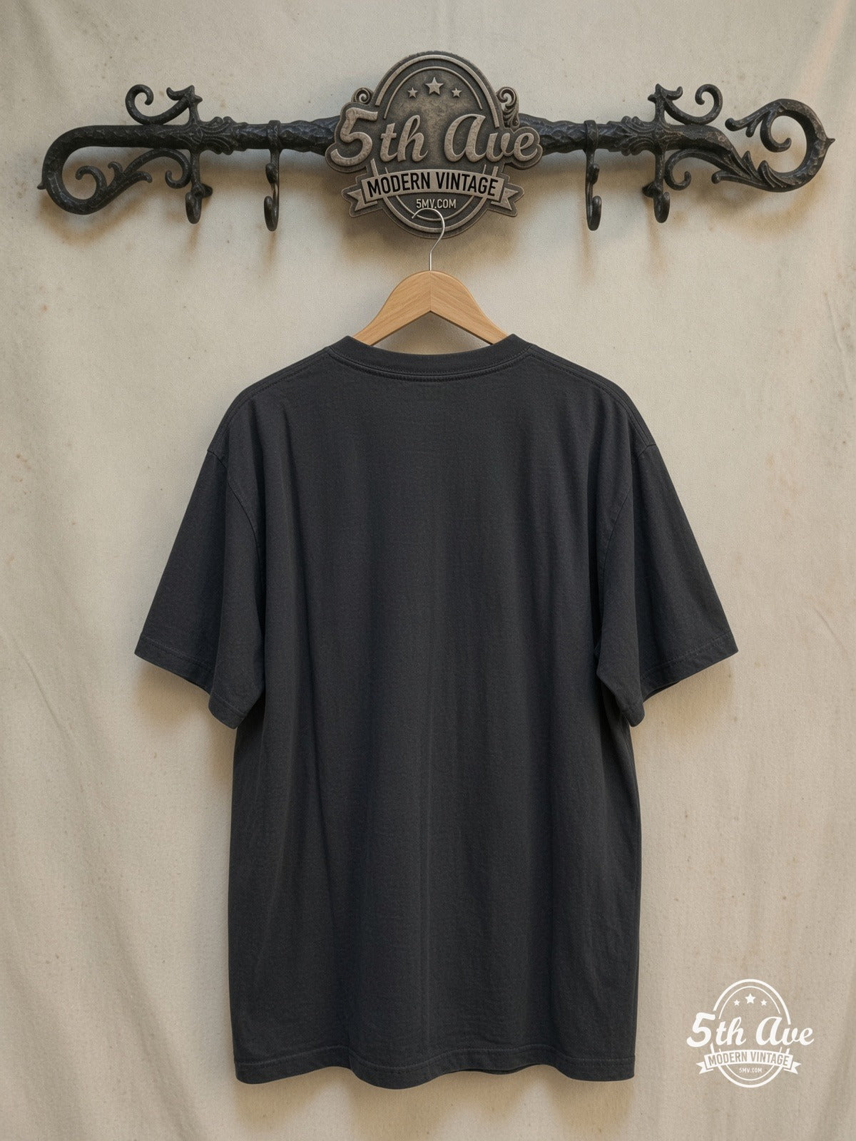 Motörhead – Snaggletooth Red Logo and Chains – Vintage Band T-Shirt — back on locked cream ornate 5th Ave rack