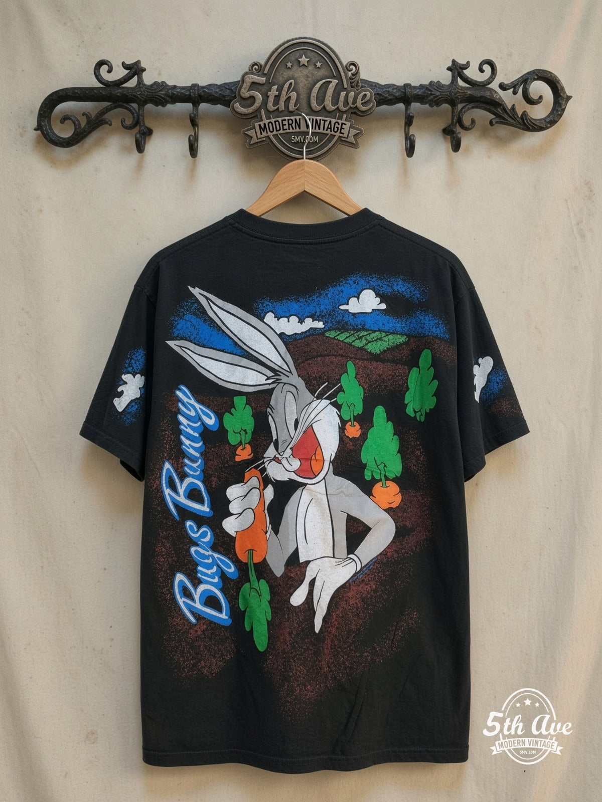 Bugs Bunny – Bugs Bunny Retro – All Over Print – New Vintage Graphic Tee — back on locked cream ornate 5th Ave rack