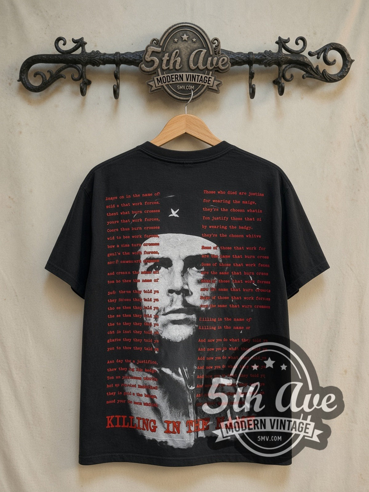 Rage Against the Machine Killing in the Name all-over-print vintage band t-shirt in black, back view on the 5MV rack