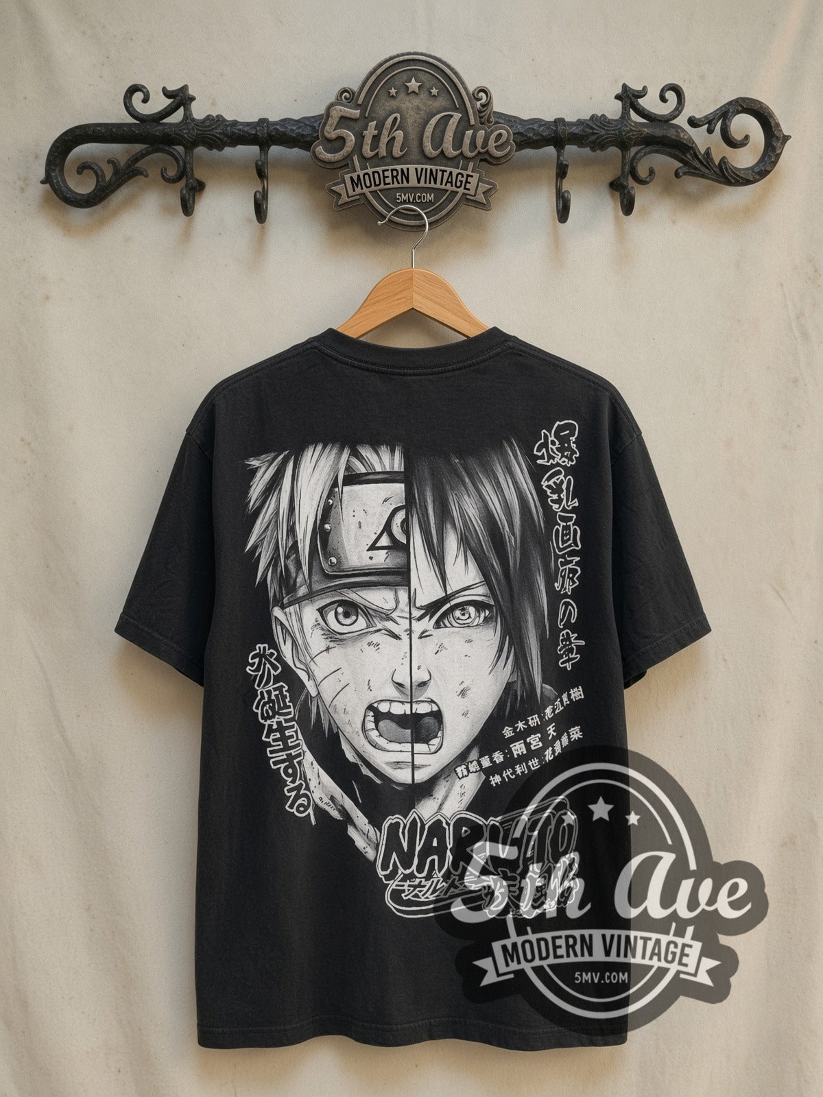 Naruto Shippuden Naruto and Sasuke Split Face Yell vintage graphic t-shirt, back view on a display rack