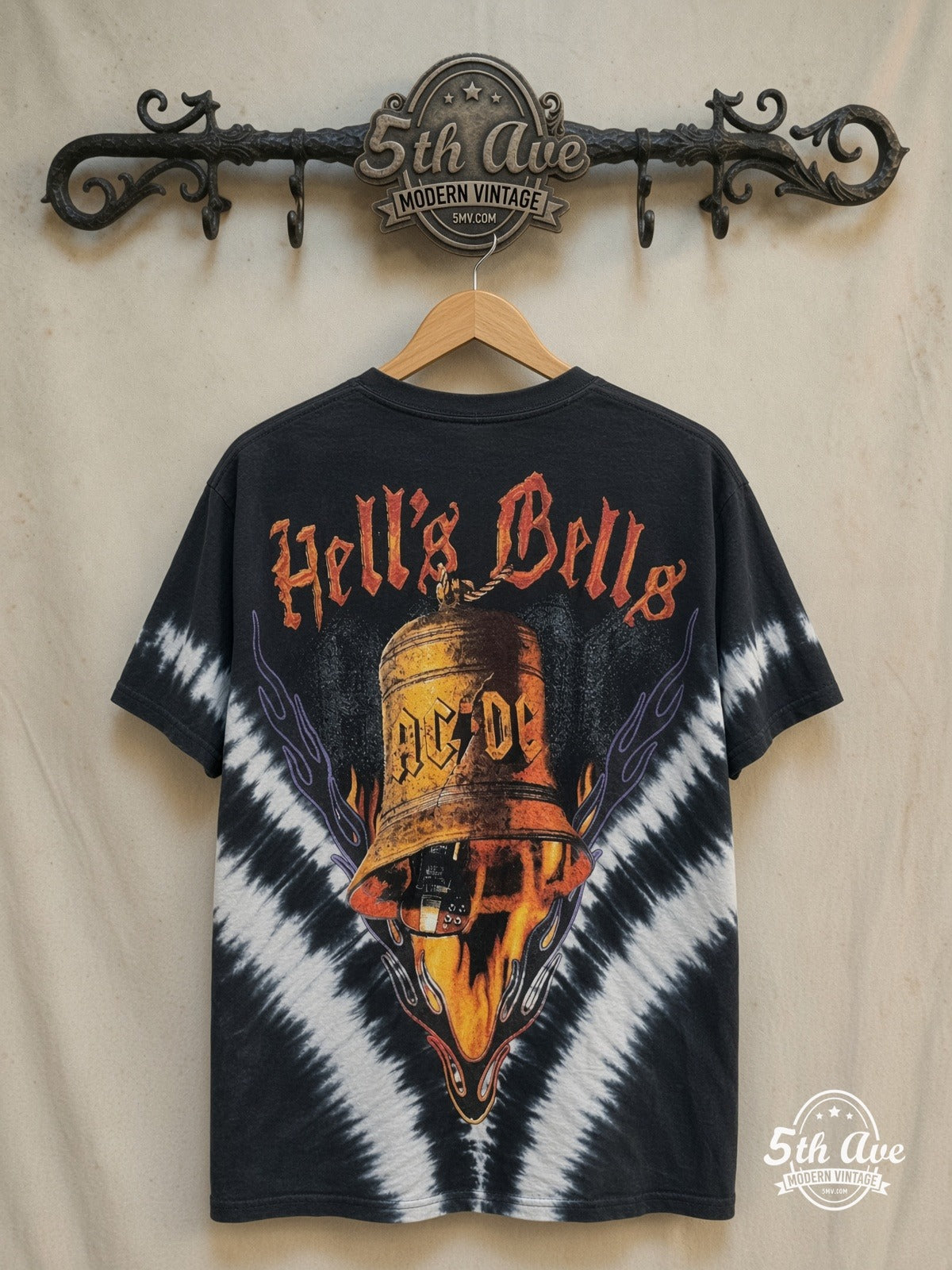 AC/DC – Hells Bells Power Up Tour – All Over Print – Vintage Band T-Shirt — back on locked cream ornate 5th Ave rack