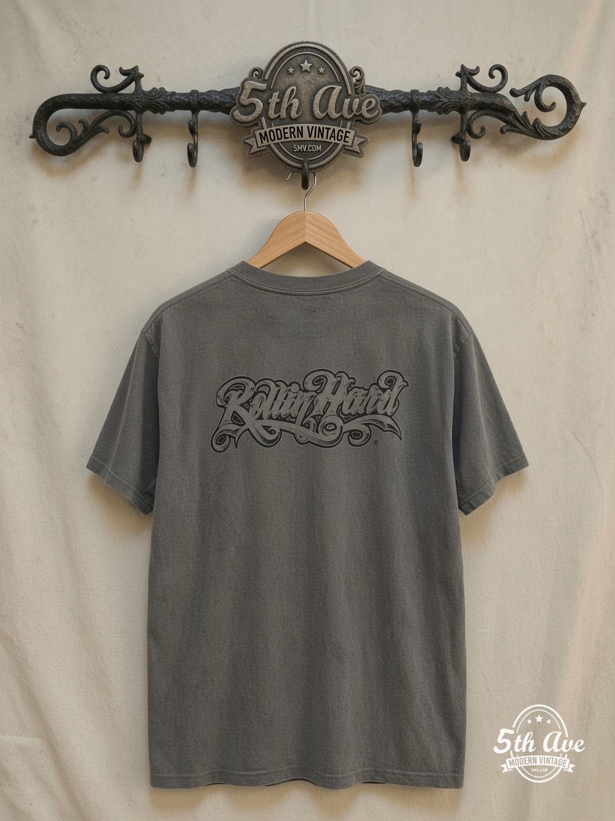 Vato Vibes: Rolling Hard with the Golden Impala Tee – Vintage Band T-Shirt — back on locked cream ornate 5th Ave rack