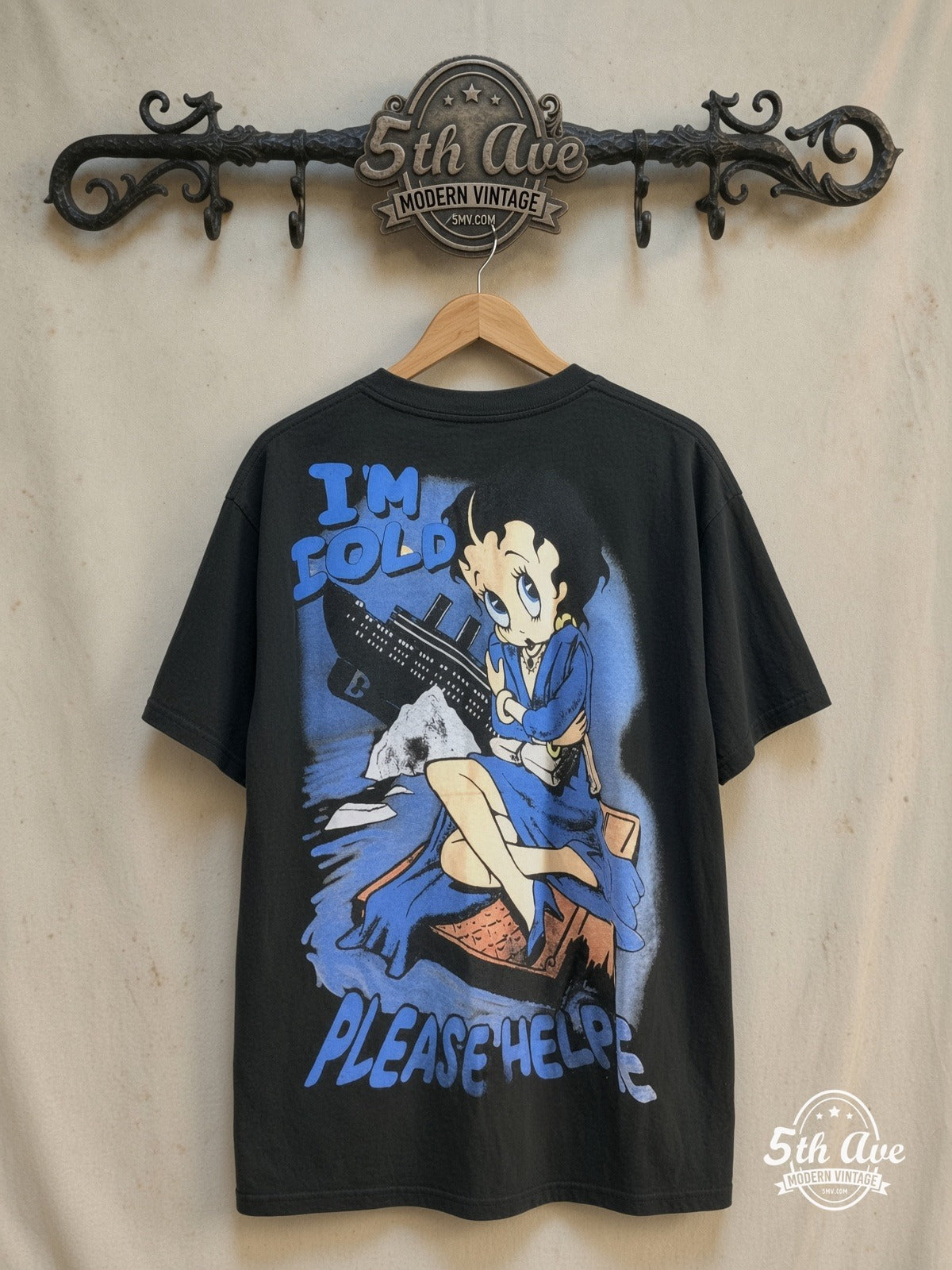 Betty Boop – Betty Boop, Popeye and Titanic – New Vintage Graphic Tee — back on locked cream ornate 5th Ave rack