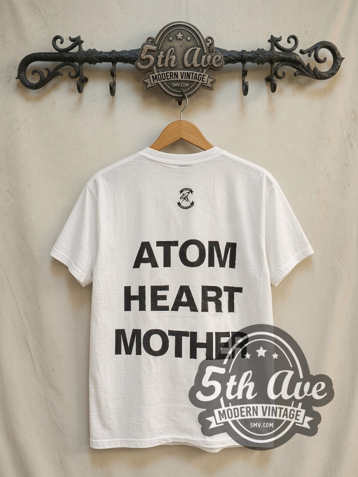 Pink Floyd Atom Heart Mother Cow Stacked Back vintage band t-shirt in white, back view on the 5MV rack