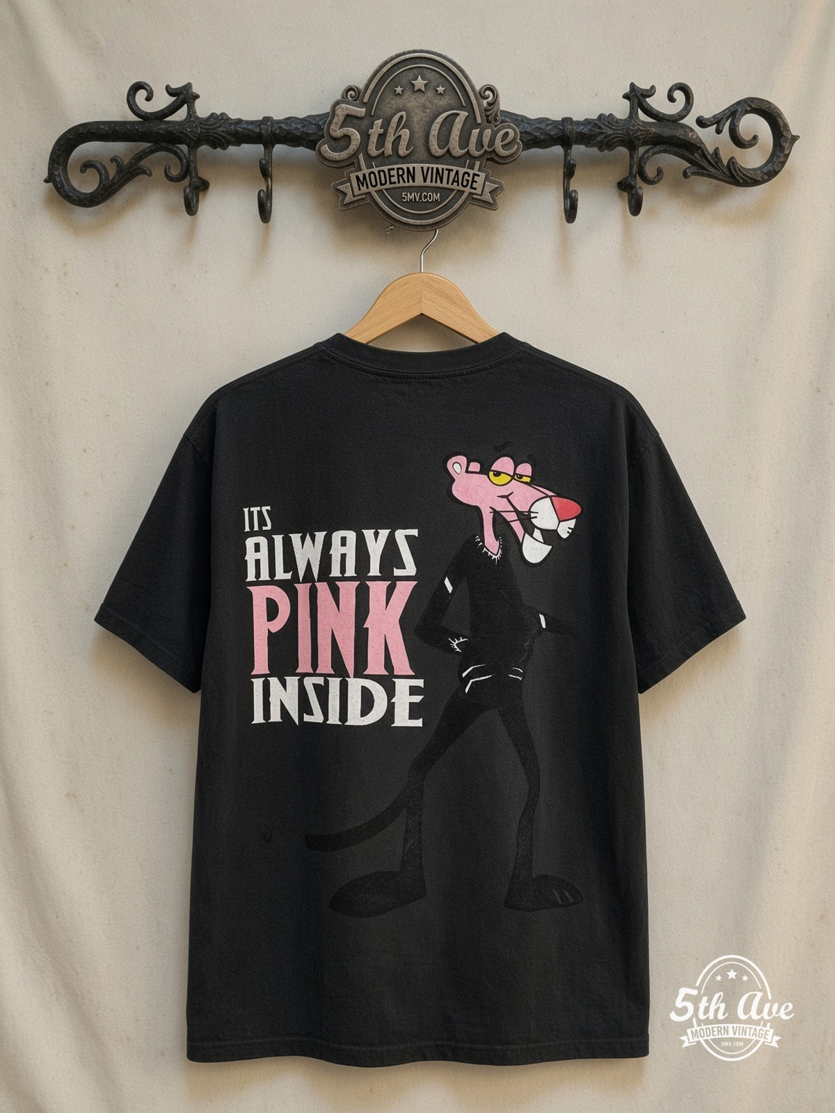 The Pink Panther – Its Always Pink Inside – New Vintage Graphic Tee — back on locked cream ornate 5th Ave rack