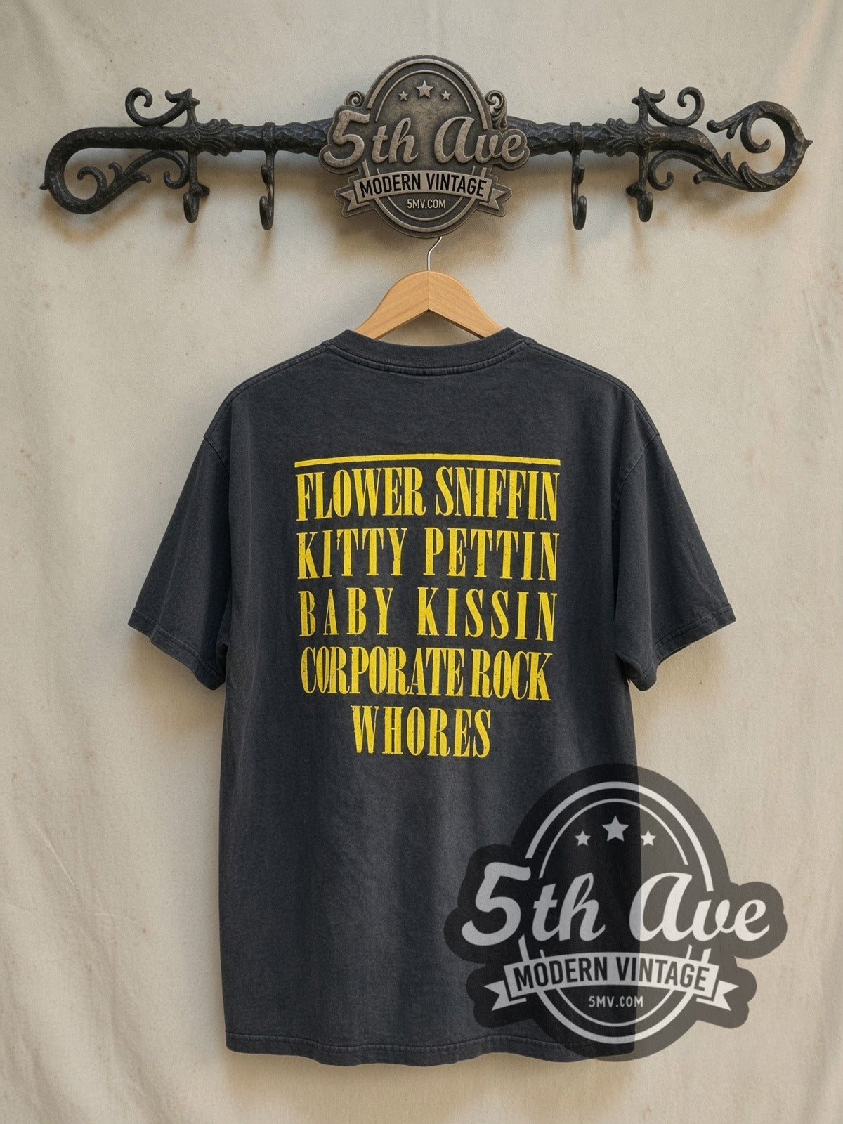Nirvana Smiley Face Corporate Rock Whores vintage band t-shirt in black, back view on the 5MV rack