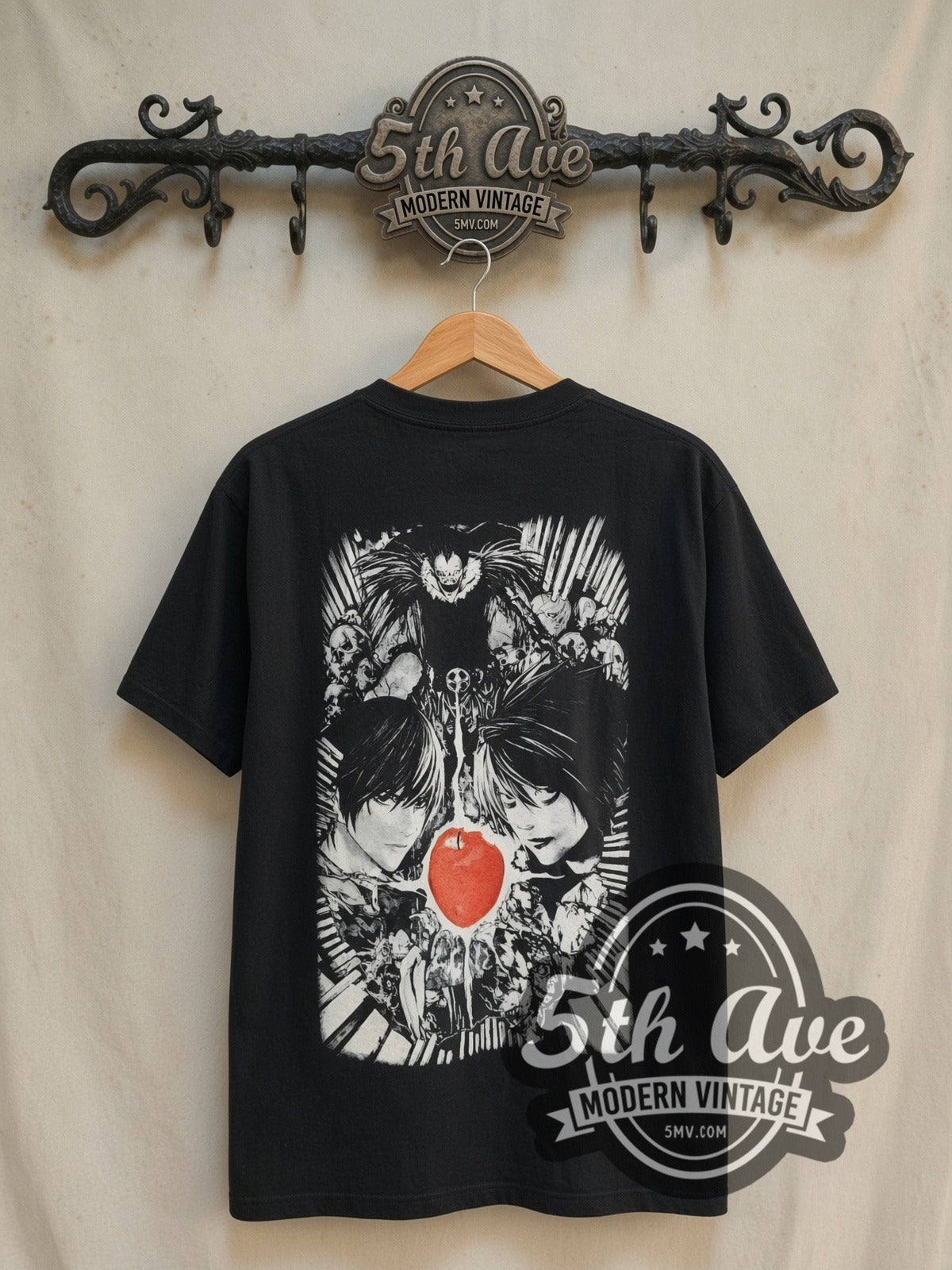 Death Note Kira vs L vintage anime t-shirt, back view on a display rack