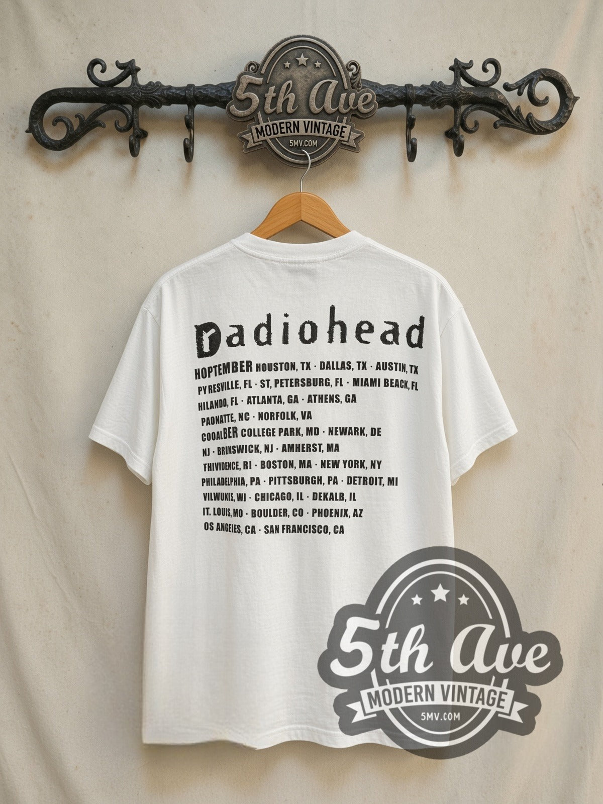 Radiohead The Fall Tour 1993 vintage band t-shirt in white, back view on a display rack