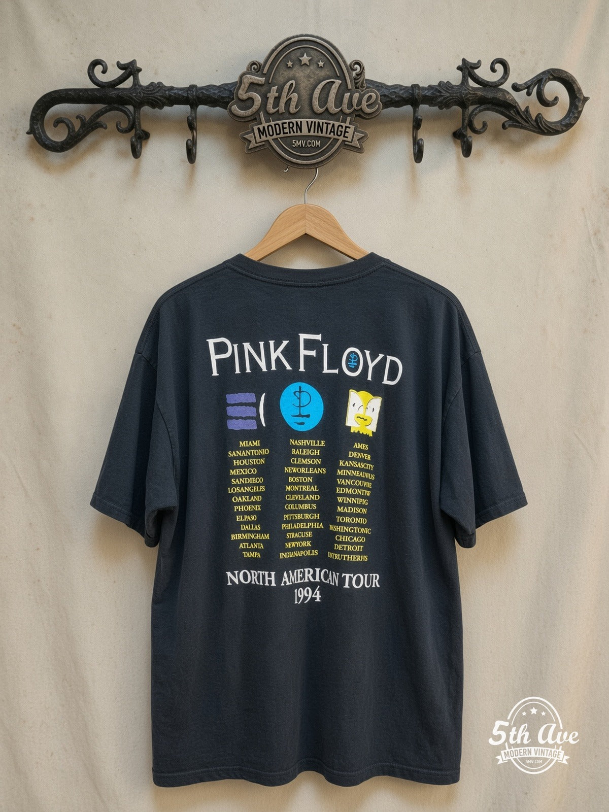 Pink Floyd North American Tour 1994 - New Vintage Band T-Shirt — back on locked cream ornate 5th Ave rack