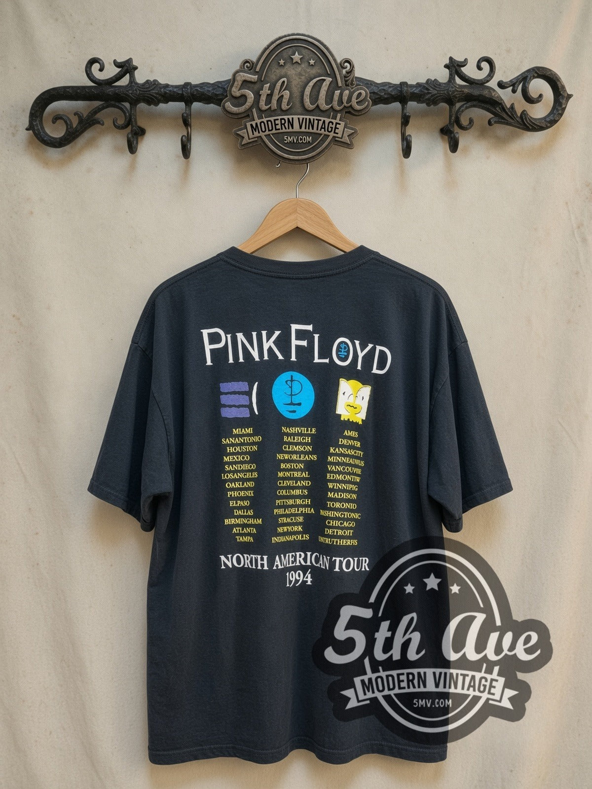 Pink Floyd North American Tour 1994 vintage band t-shirt, back view on a display rack