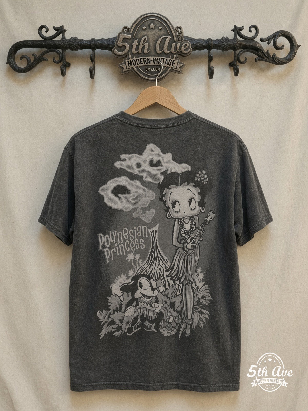 Betty Boop – Aloha Hawaii Polynesian Princess – New Vintage Graphic Tee — back on locked cream ornate 5th Ave rack