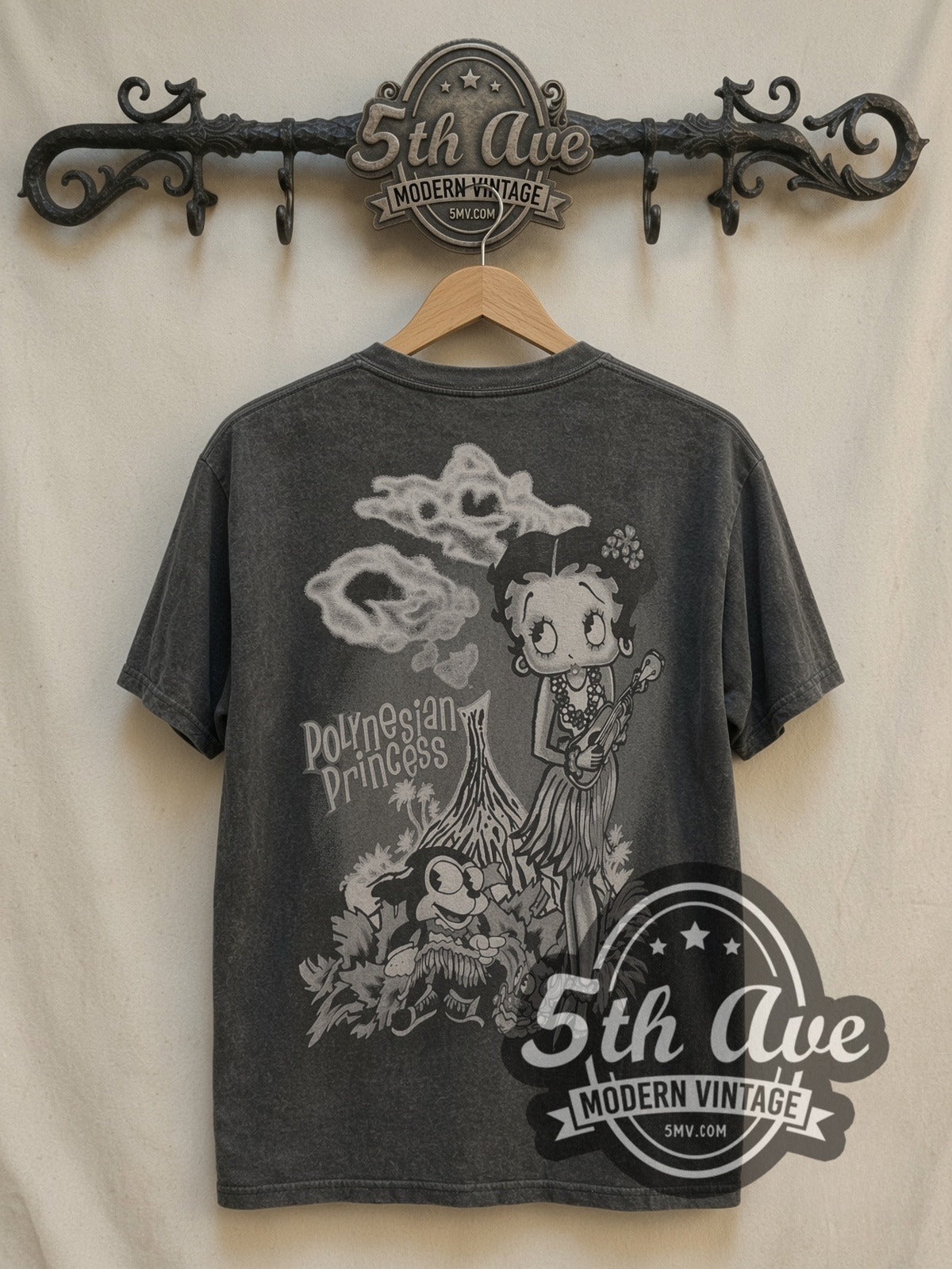 Betty Boop Aloha Hawaii Polynesian Princess vintage cartoon tee, back view on a display rack