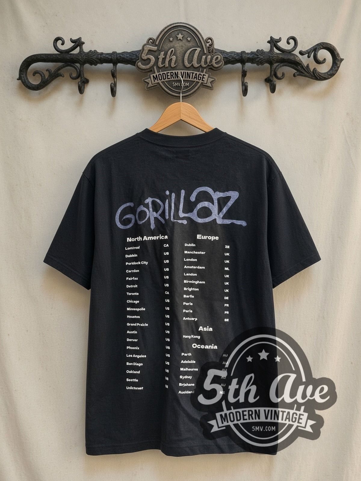 Gorillaz World Tour vintage band t-shirt in black, back view on the 5MV rack
