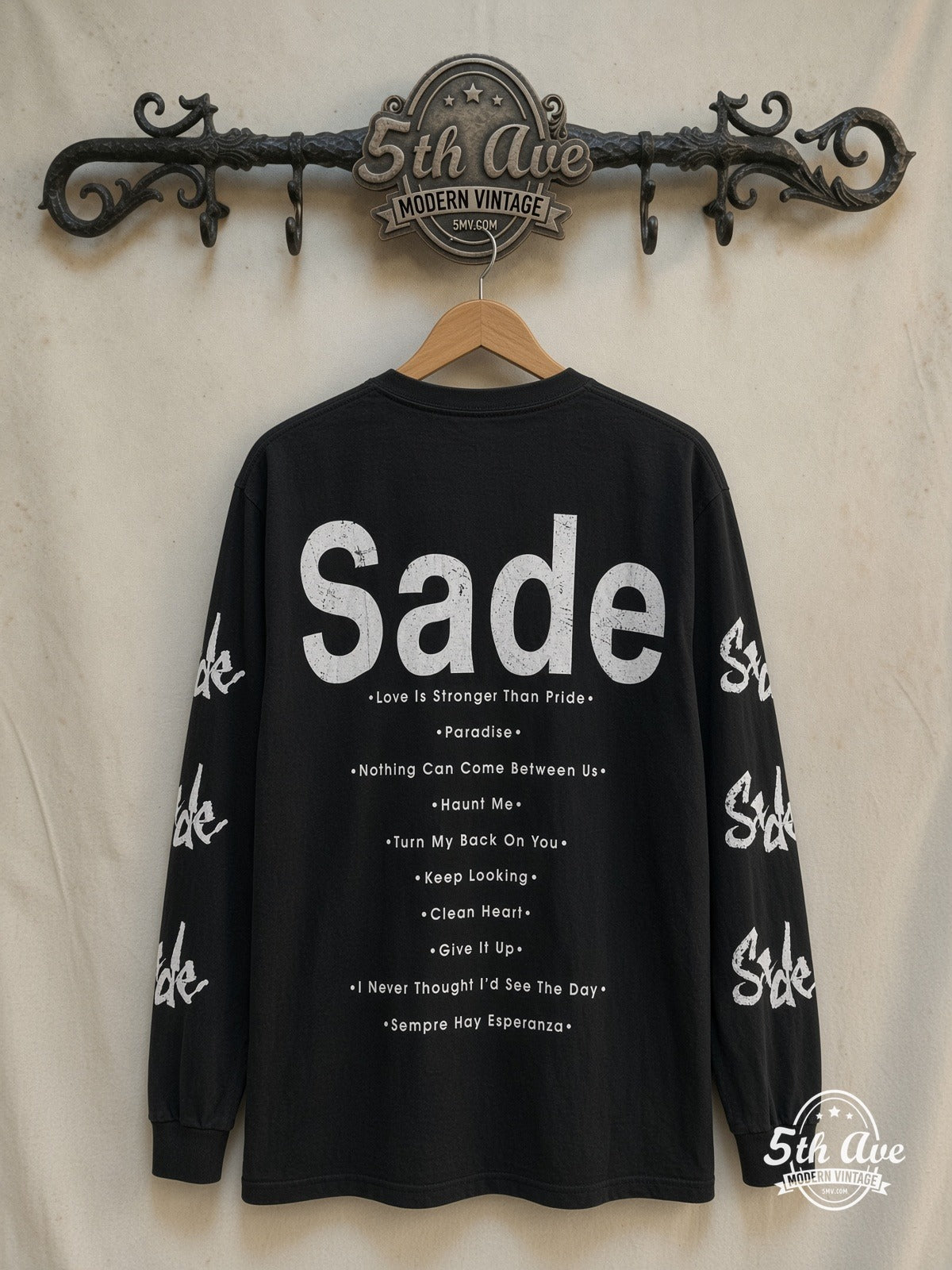 Sade – Love Is Stronger Than Pride Long Sleeve – Vintage Band T-Shirt — back on locked cream ornate 5th Ave rack