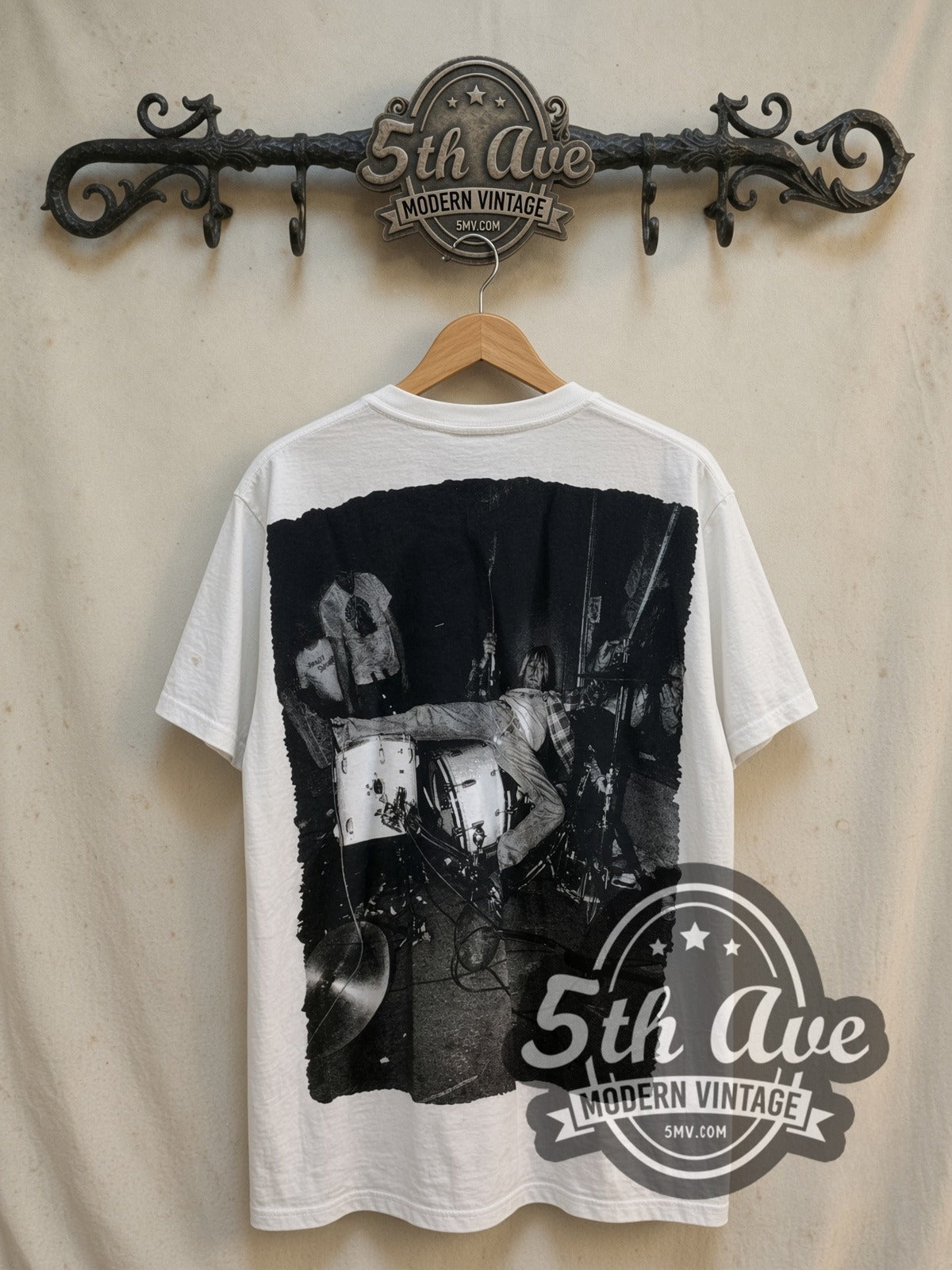 Nirvana Kurt Cobain Tribute all-over-print vintage band t-shirt, back view on the 5MV rack