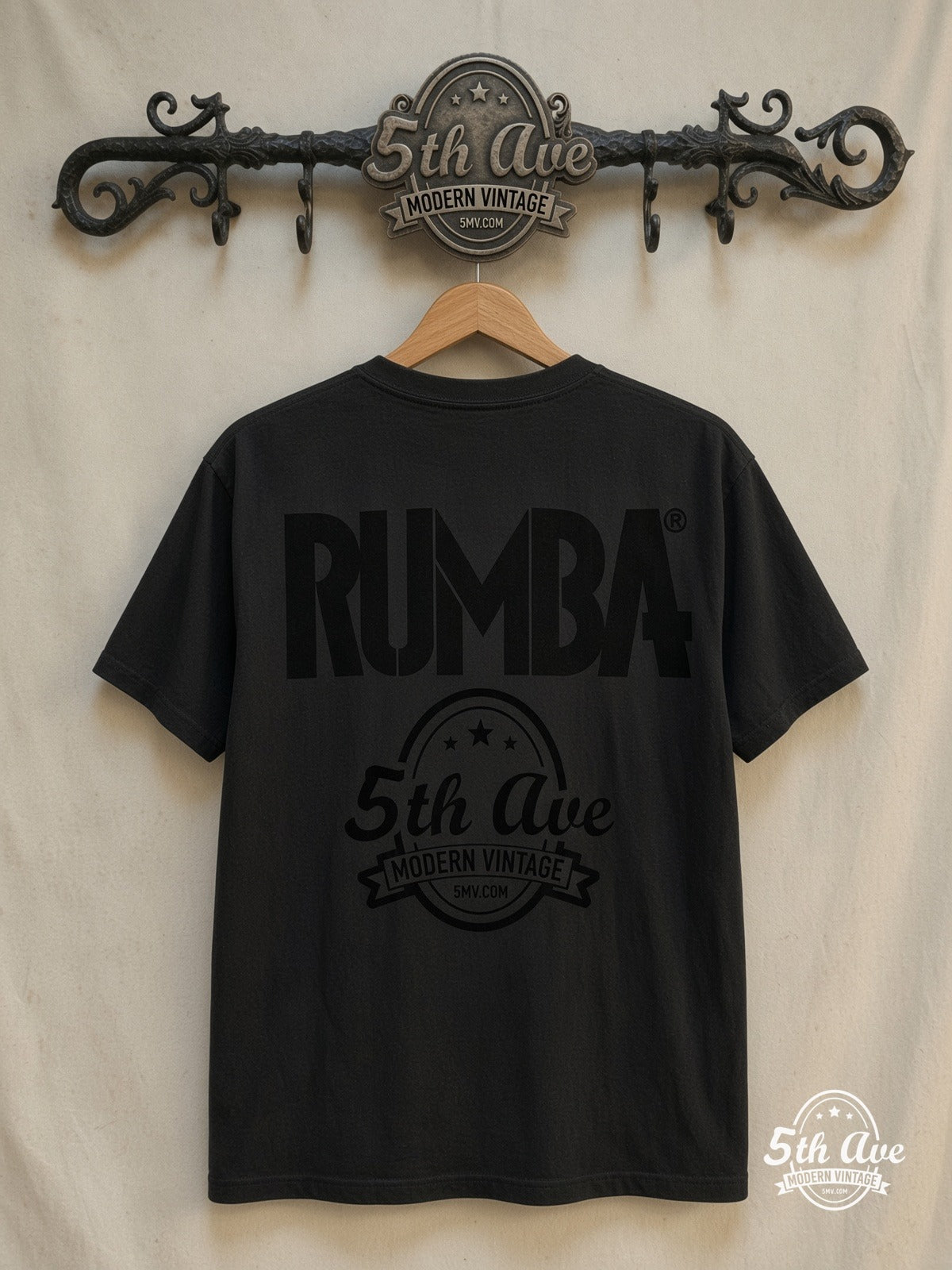Apple Rumba Graphic vintage graphic tee in black, back view on the 5MV rack
