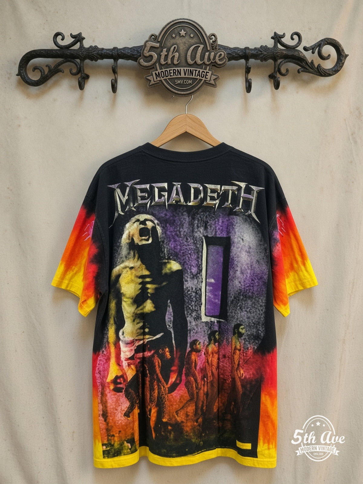 Megadeth – Countdown to Extinction – All Over Print – Vintage Band T-Shirt — back on locked cream ornate 5th Ave rack