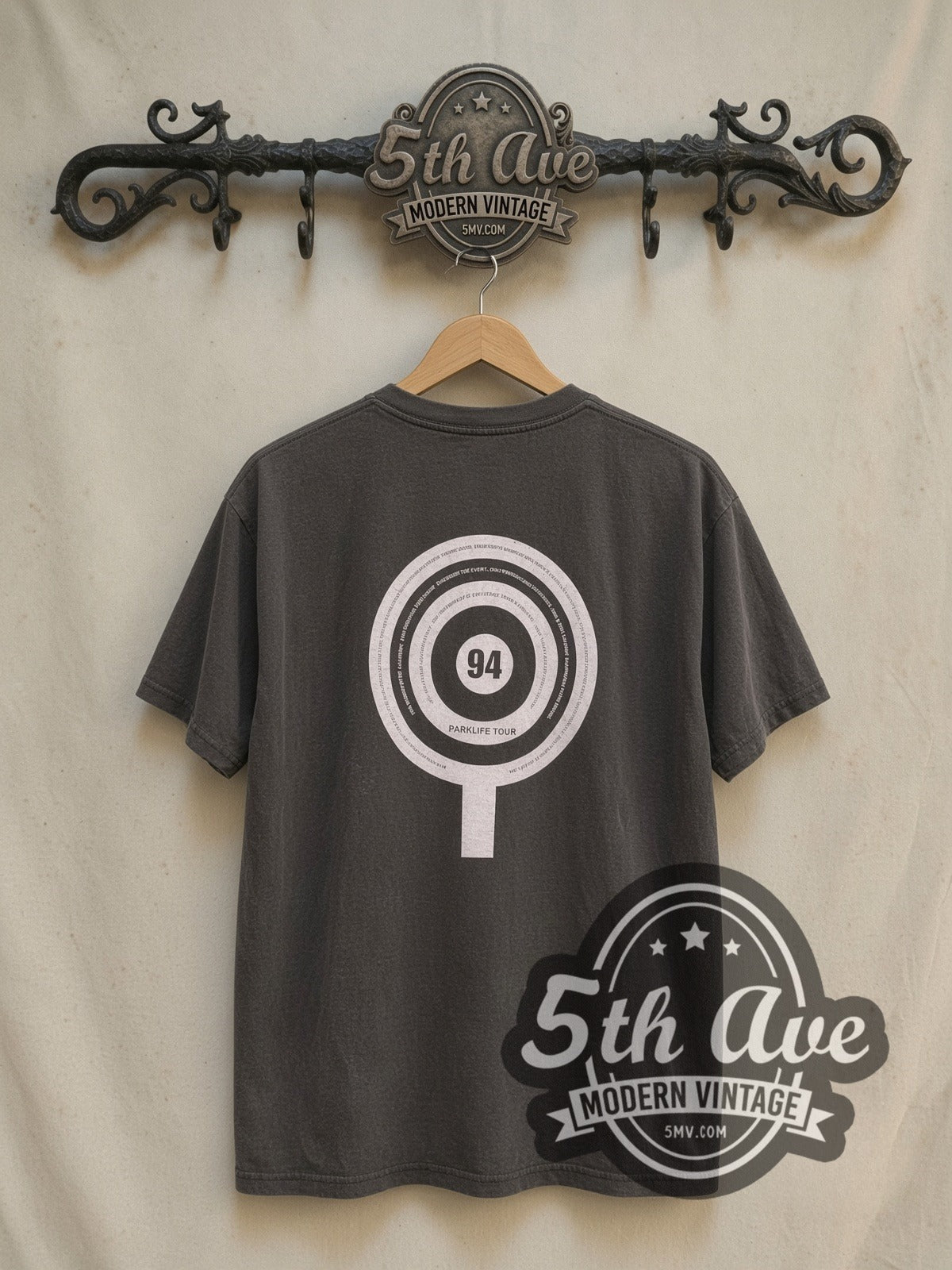 Blur Parklife vintage band t-shirt, back view on a display rack
