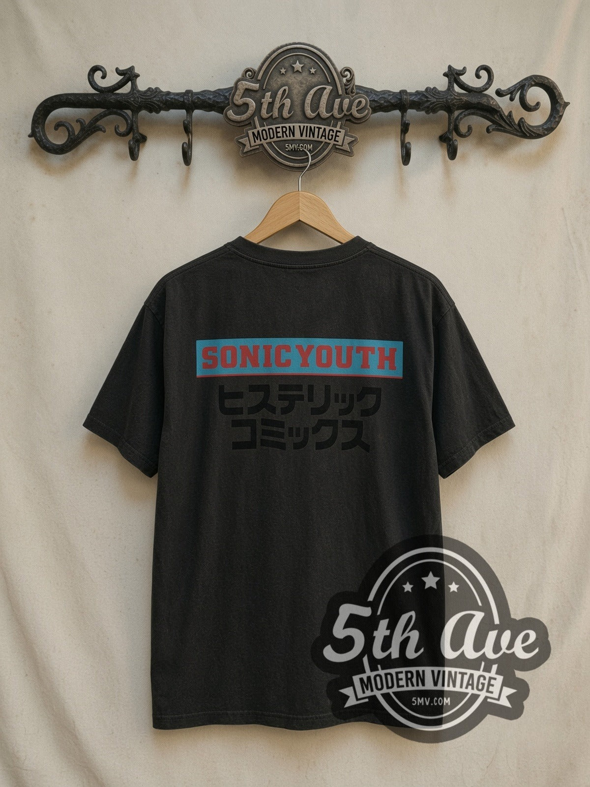 Sonic Youth Japanese Anime Manga Maroon vintage band t-shirt, back view on a display rack