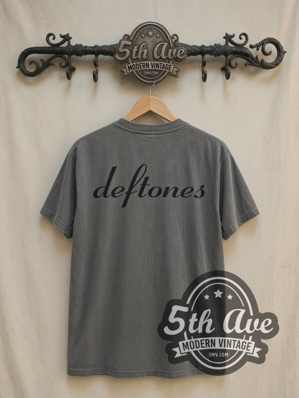 Deftones "Around The Fur" vintage band t-shirt in black, back view on a display rack