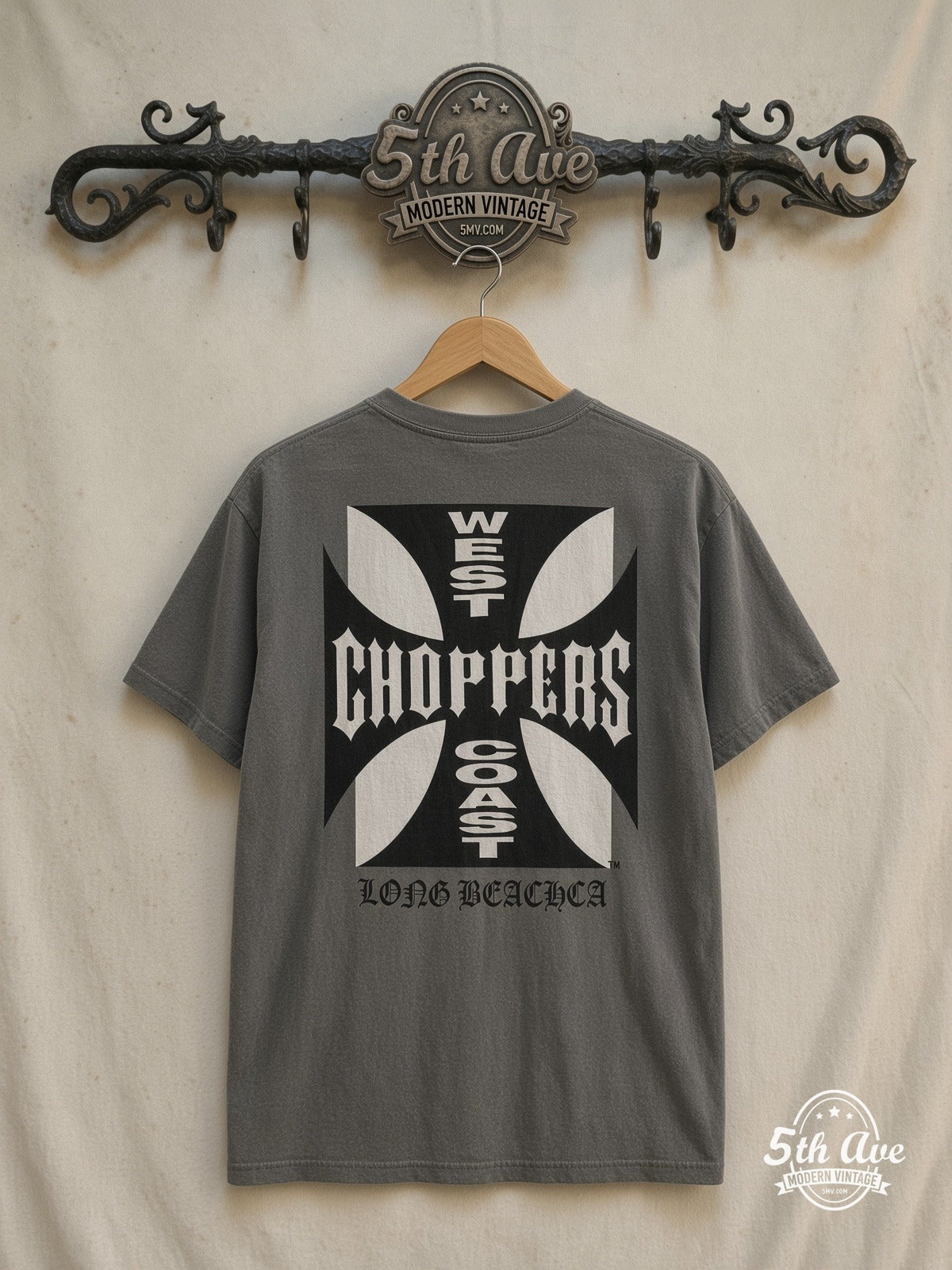 West Coast Choppers – Iron Cross Long Beach CA White – Vintage Graphic Tee — back on locked cream ornate 5th Ave rack