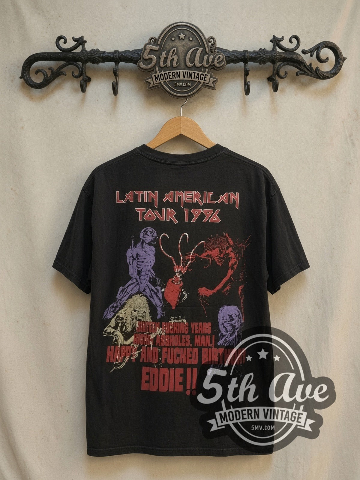 Iron Maiden Latin America Tour 1996 vintage band t-shirt, back view on a display rack