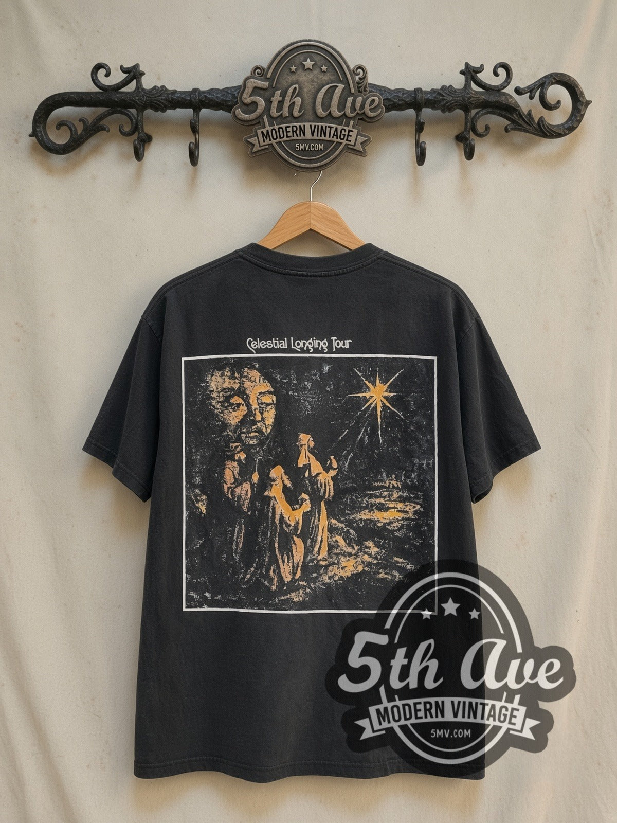 The Smashing Pumpkins Celestial Longing Tour vintage band t-shirt in black, back view on a display rack
