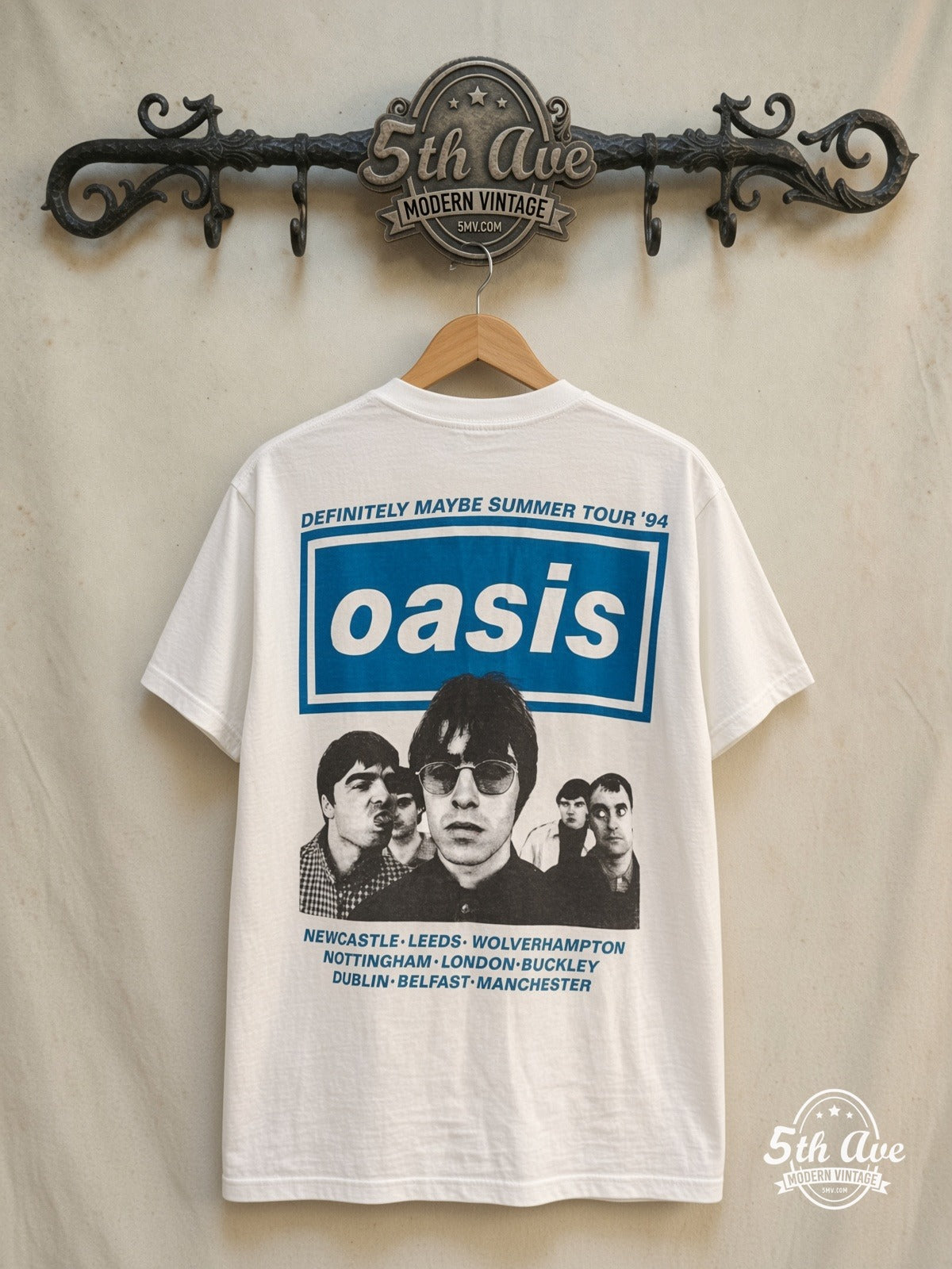 Oasis – Definitely Maybe Summer Tour 1994 – Vintage Band T-Shirt — back on locked cream ornate 5th Ave rack