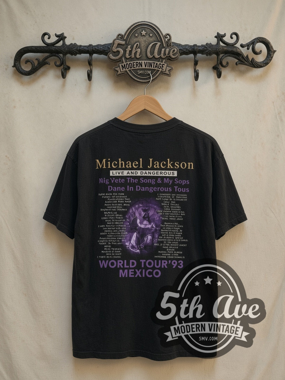 Michael Jackson Live and Dangerous Singing Profile '93 vintage band t-shirt, back view on a display rack