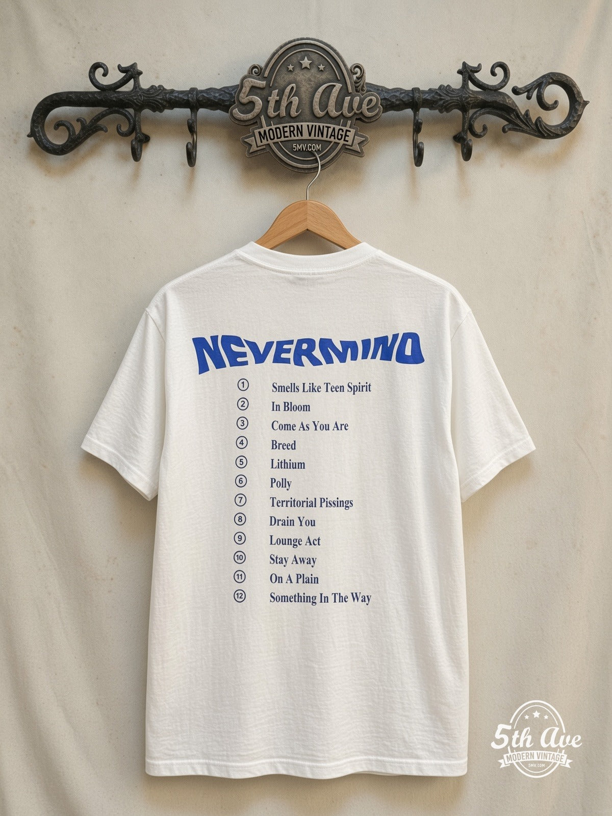 Nirvana – Nevermind Song List – Vintage Band T-Shirt — back on locked cream ornate 5th Ave rack