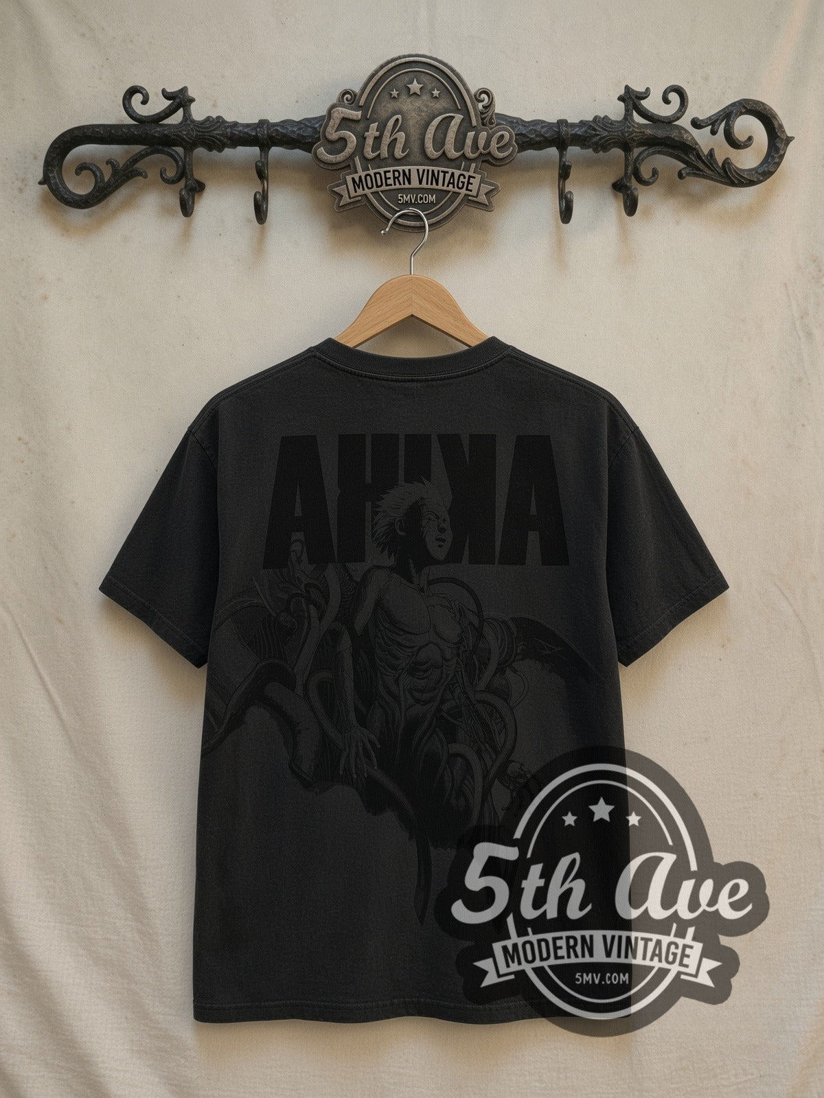 Akira Tetsuo Front Overprint vintage anime t-shirt, back view on a display rack