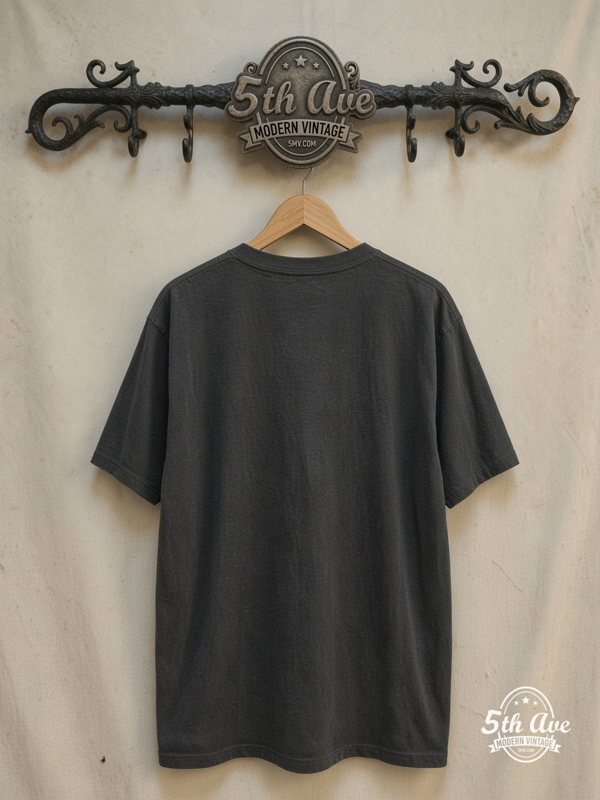 Led Zeppelin – Swan Song U.S. Tour 1973 – Vintage Band T-Shirt — back on locked cream ornate 5th Ave rack