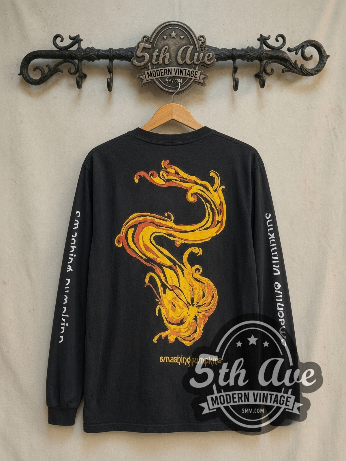 The Smashing Pumpkins Smile vintage band long sleeve t-shirt, back view on a display rack