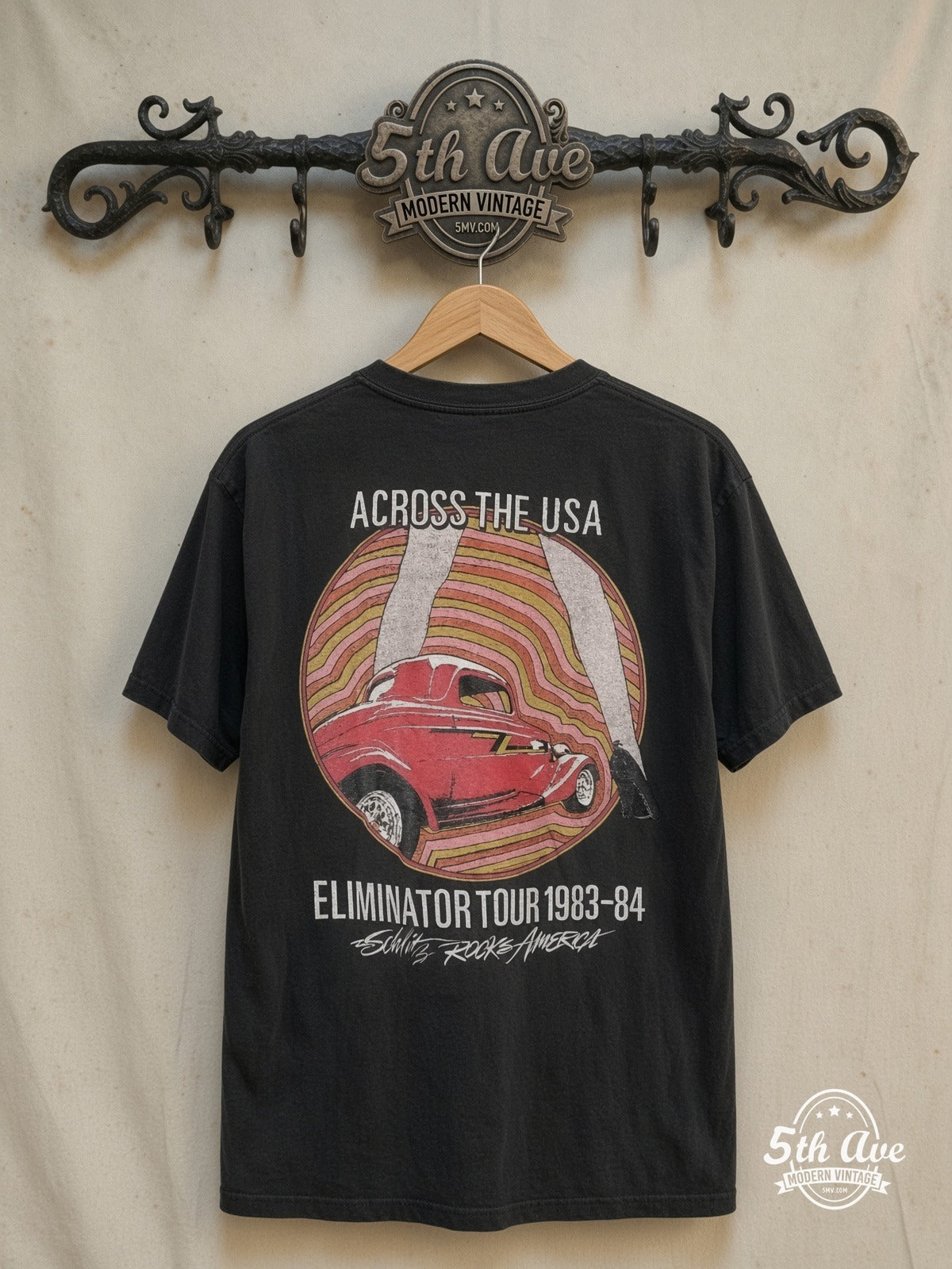 ZZ Top – Eliminator Express 1983-84 – Vintage Band T-Shirt — back on locked cream ornate 5th Ave rack