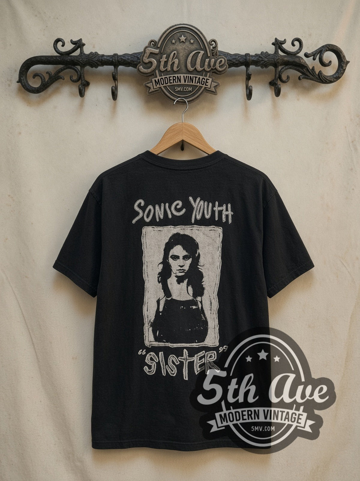 Sonic Youth Sister Band Photo vintage band t-shirt, back view on a display rack