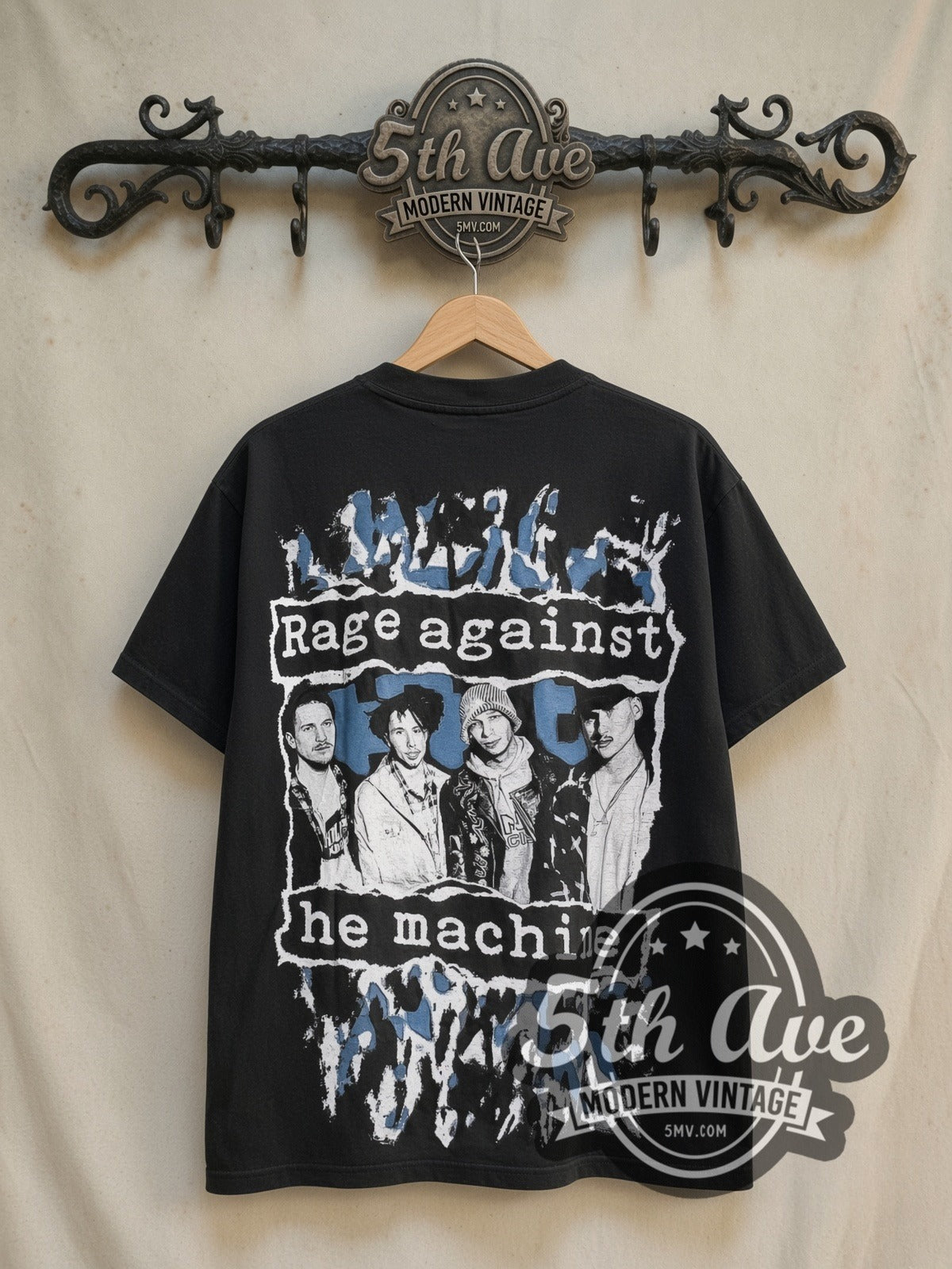 Rage Against the Machine Bombtrack Blue Soldier all-over-print vintage band t-shirt in black, back view on the 5MV rack