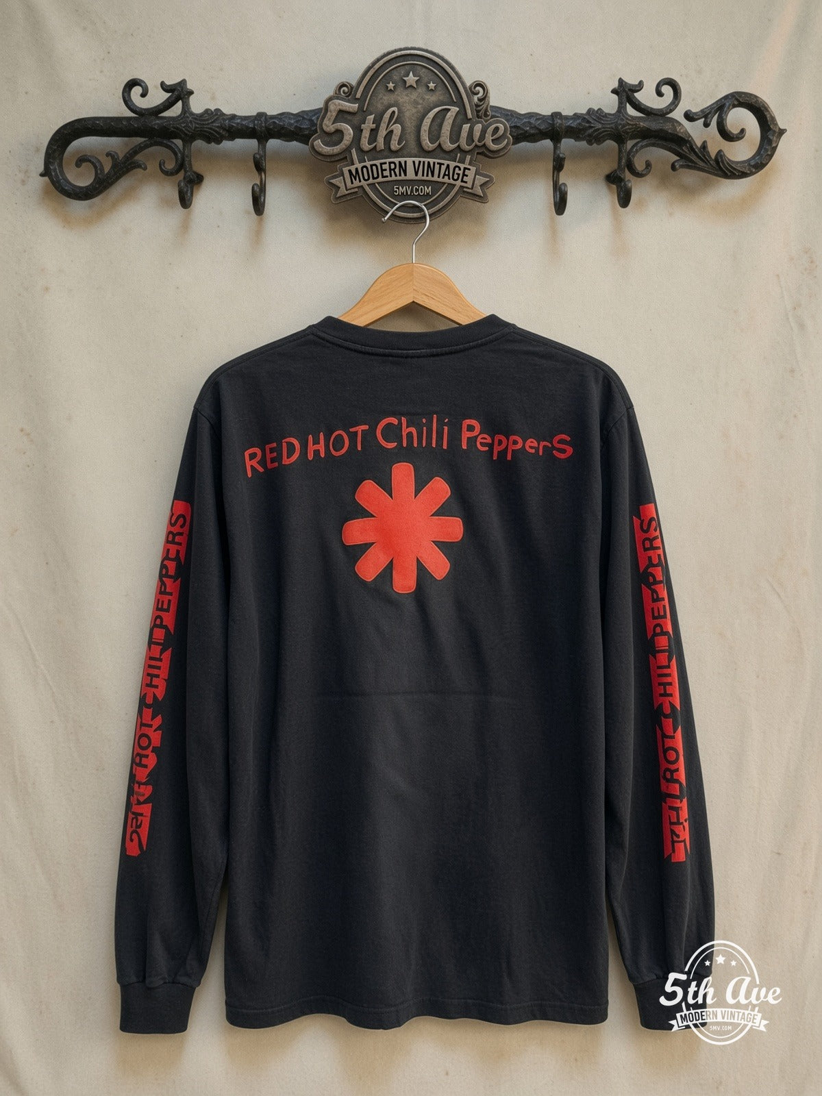 Red Hot Chili Peppers – By the Way Yellow Eye Stripe Long Sleeve – Vintage Band T-Shirt — back on locked cream ornate 5th Ave rack