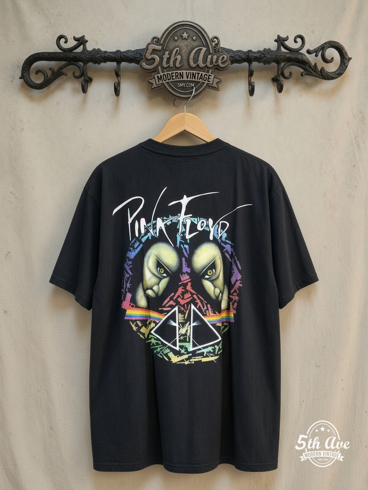 Pink Floyd – All Over Print – Vintage Band T-Shirt — back on locked cream ornate 5th Ave rack