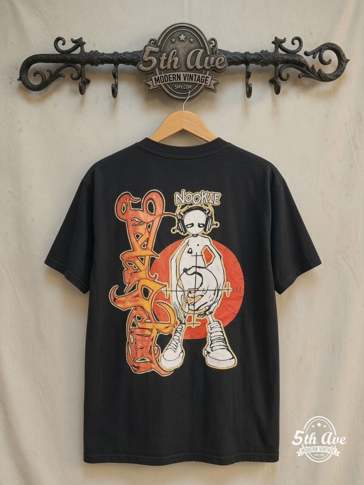 Limp Bizkit – Nookie – Vintage Band T-Shirt — back on locked cream ornate 5th Ave rack